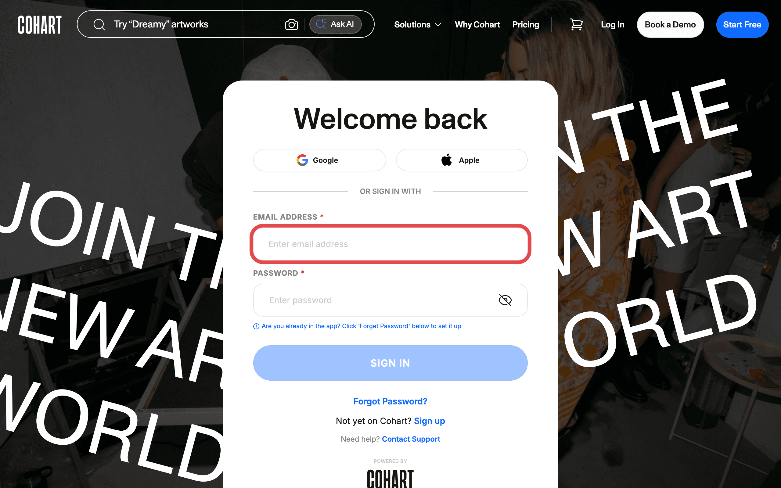 The login page with the email address field highlighted