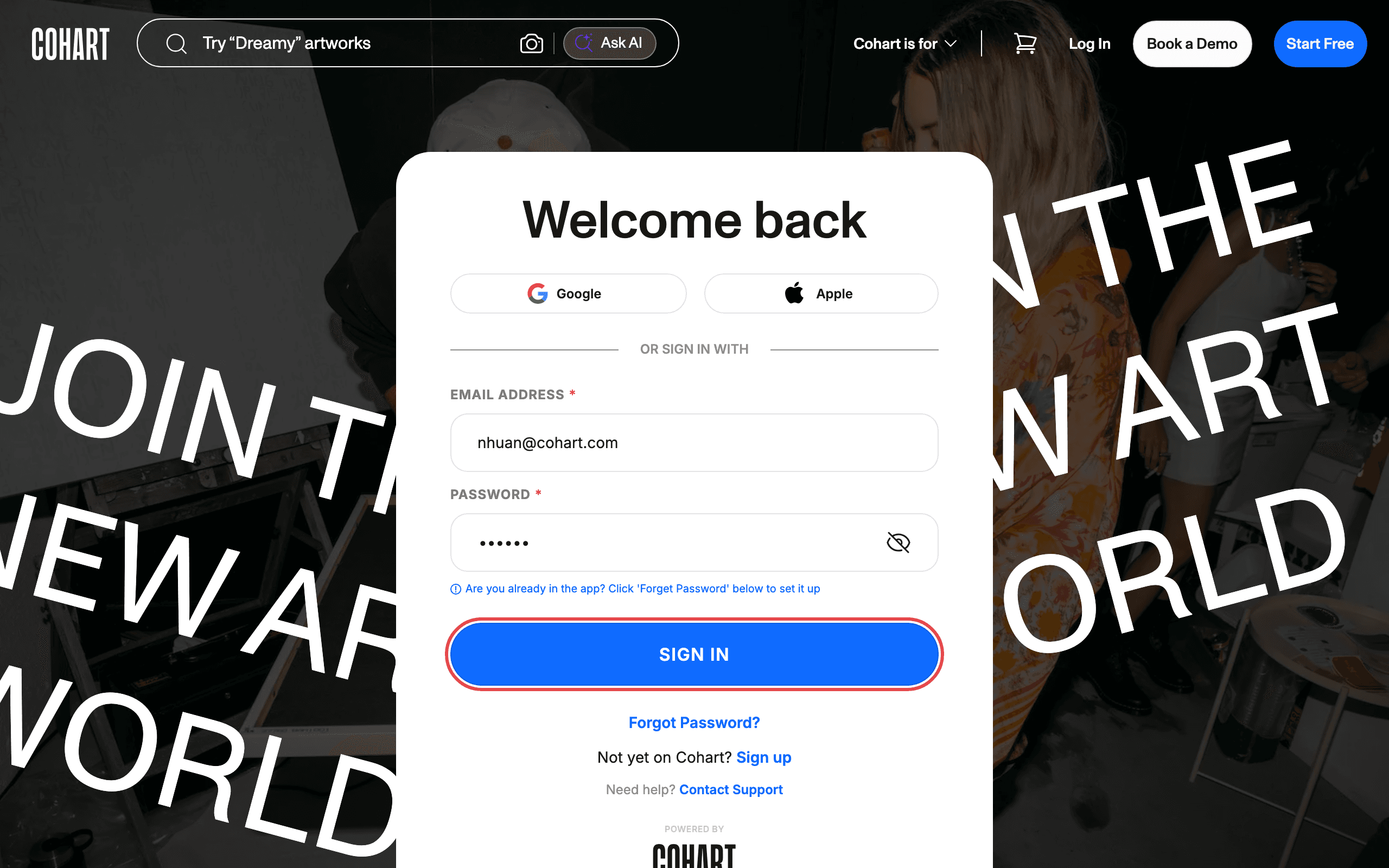 Sign in with the artist test account