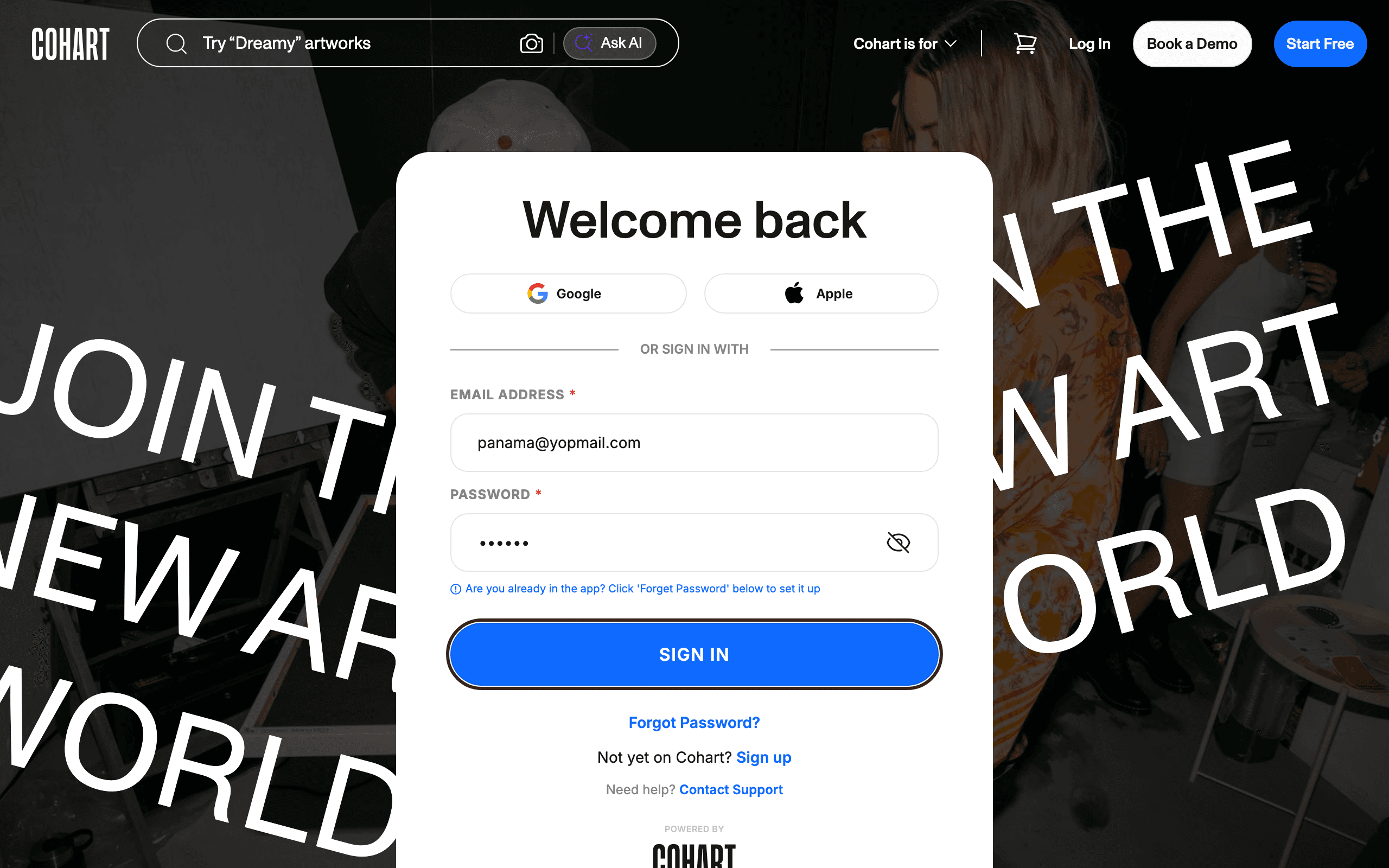 Sign in with your Cohart test account