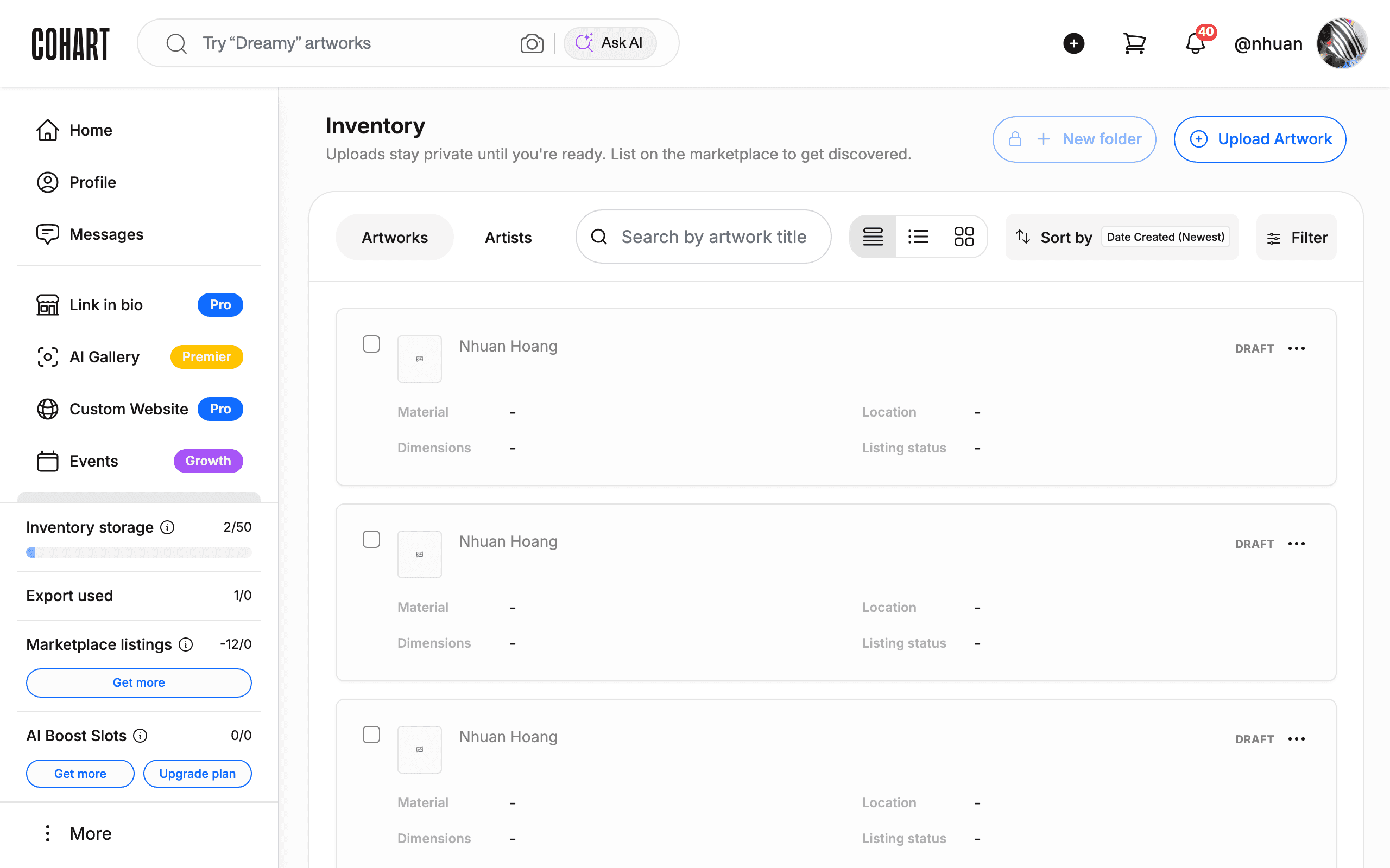 The artist dashboard with the Sales menu item highlighted