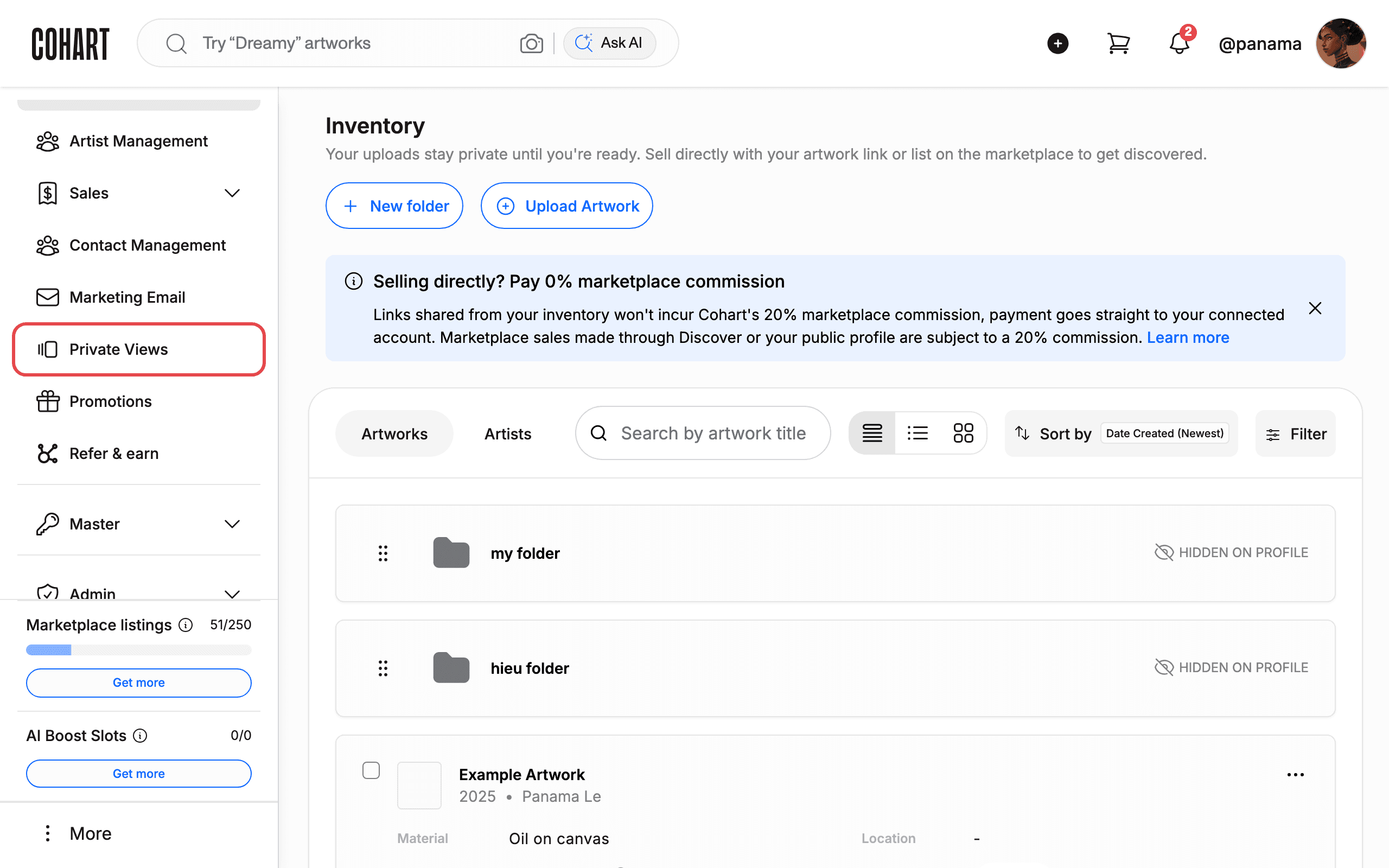 The Inventory page with Private Views highlighted in the sidebar