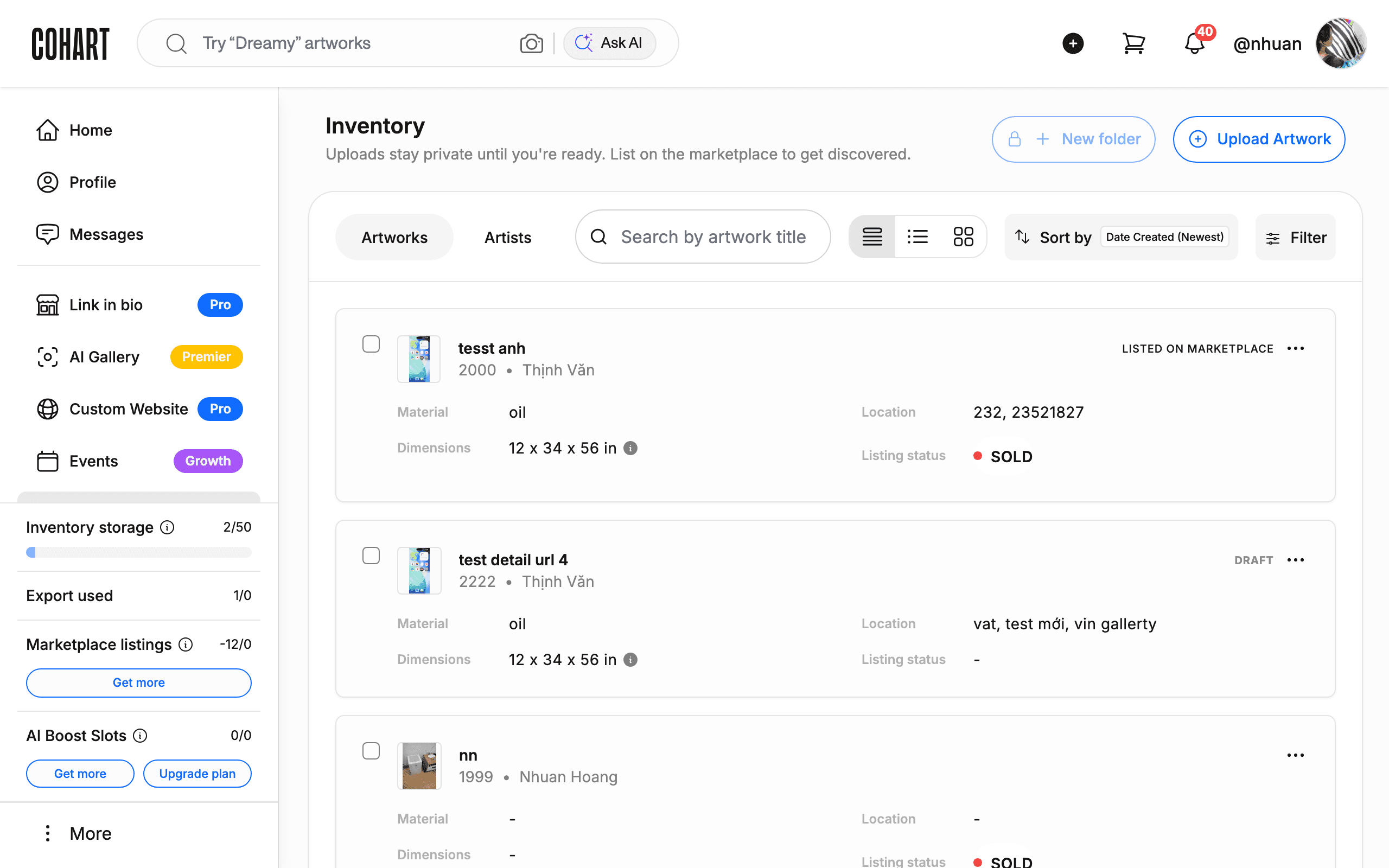 The artist dashboard with the Sales menu item highlighted