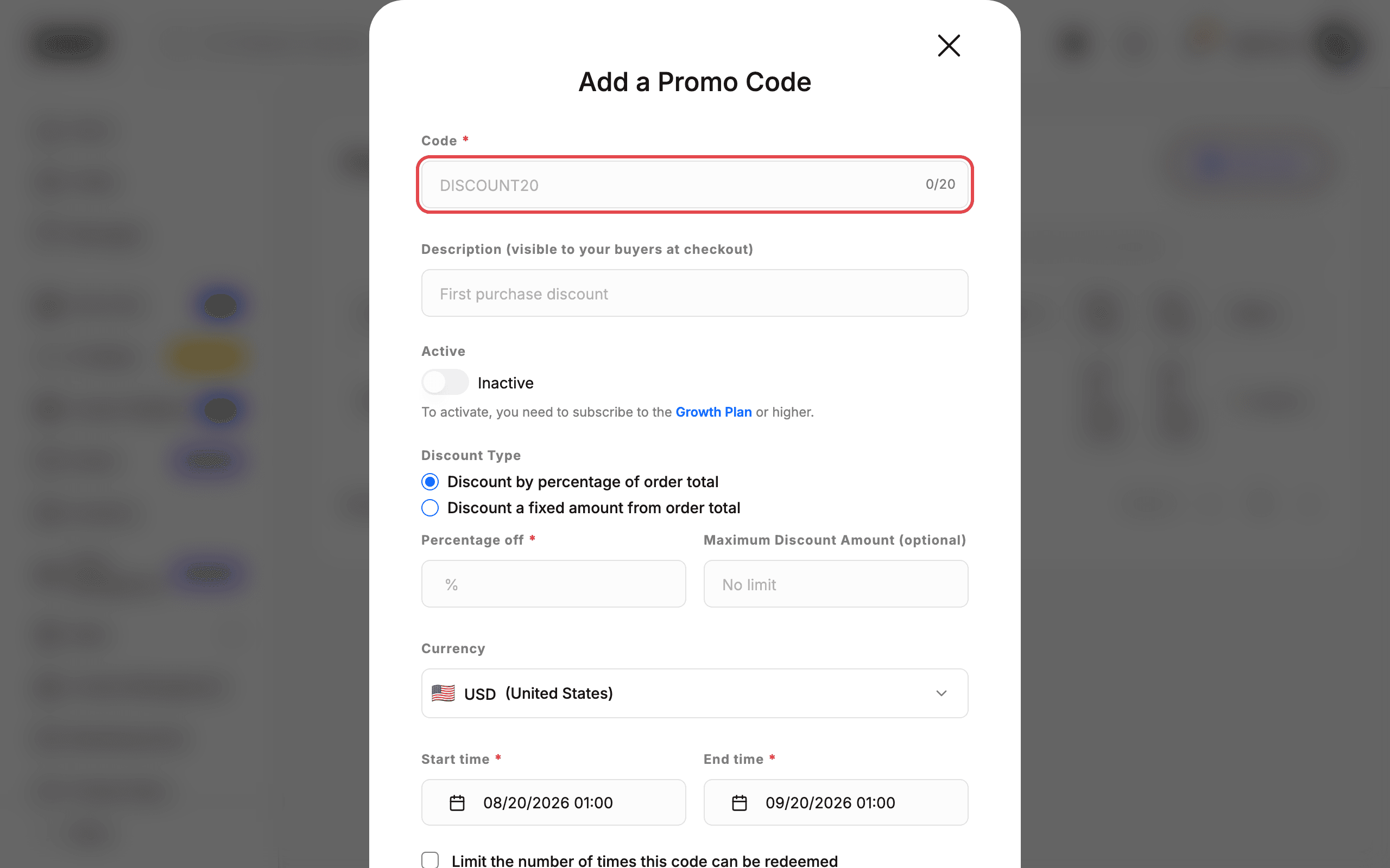 Open the Add a Promo Code dialog