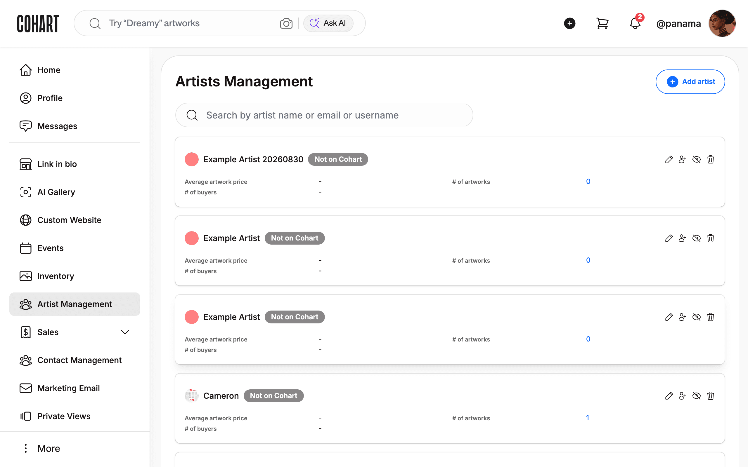 Open Artist Management from the sidebar menu
