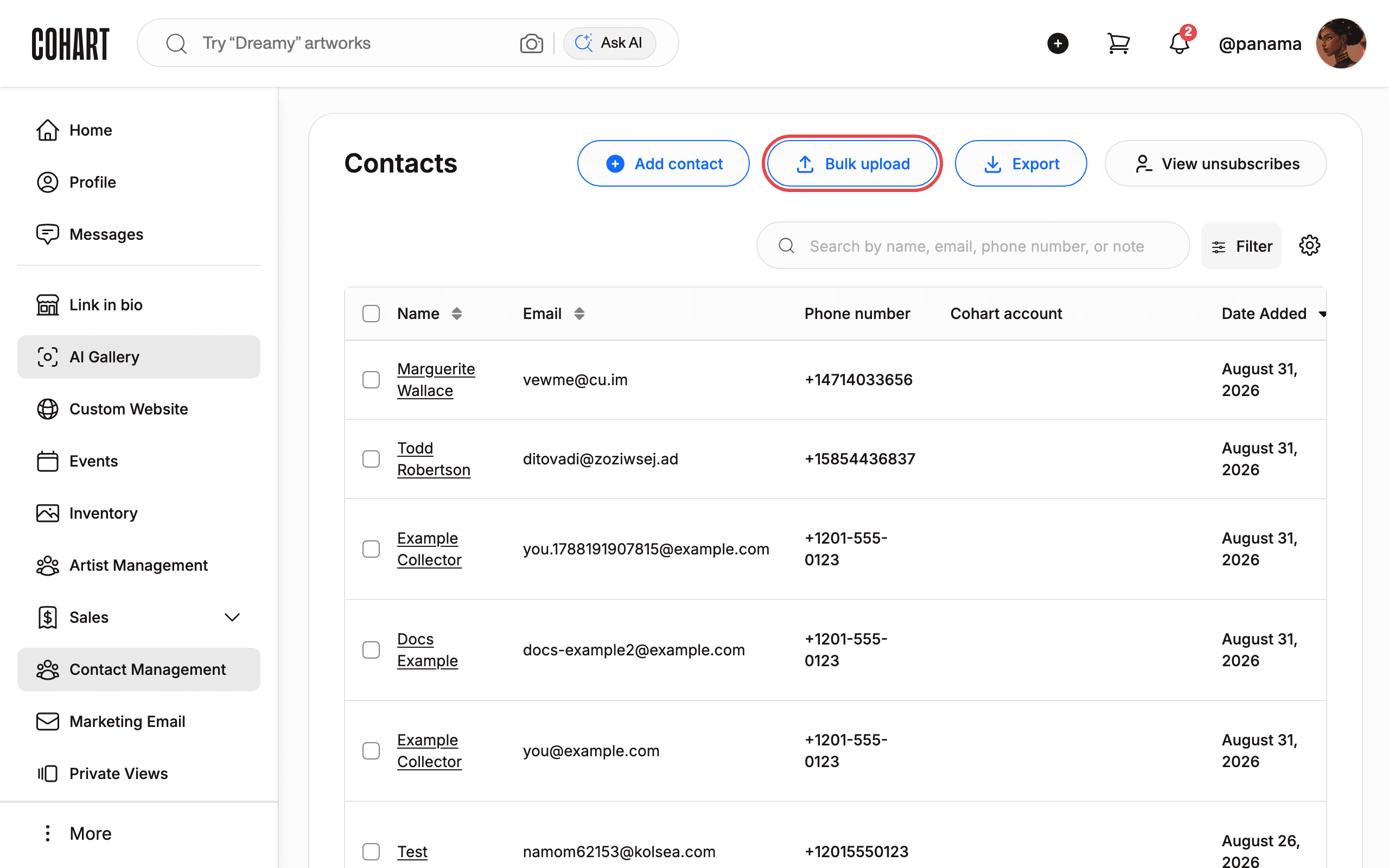 Contacts page with Bulk upload highlighted