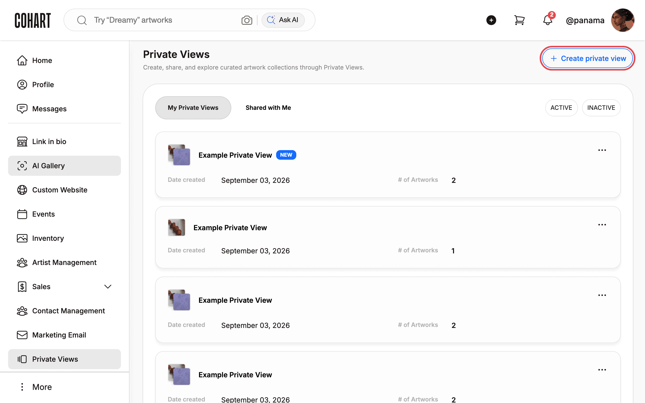 The Private Views list with the Create private view button highlighted