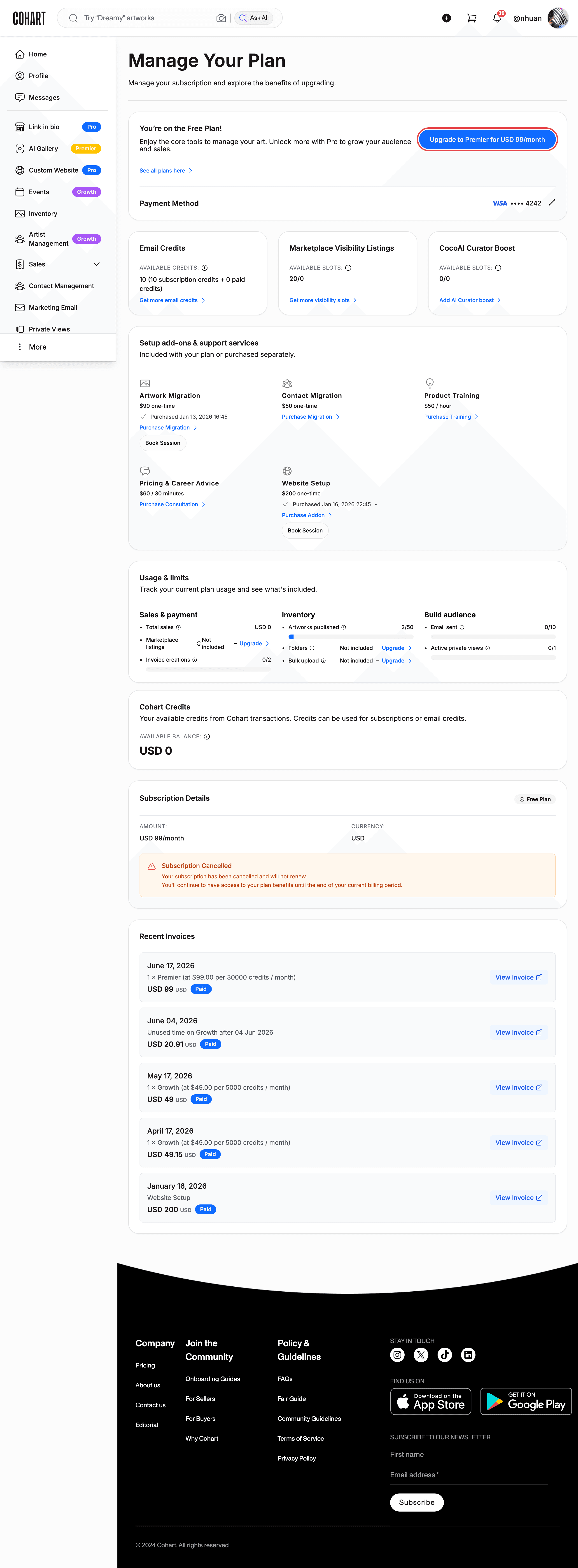 Manage Your Plan page with the upgrade button highlighted