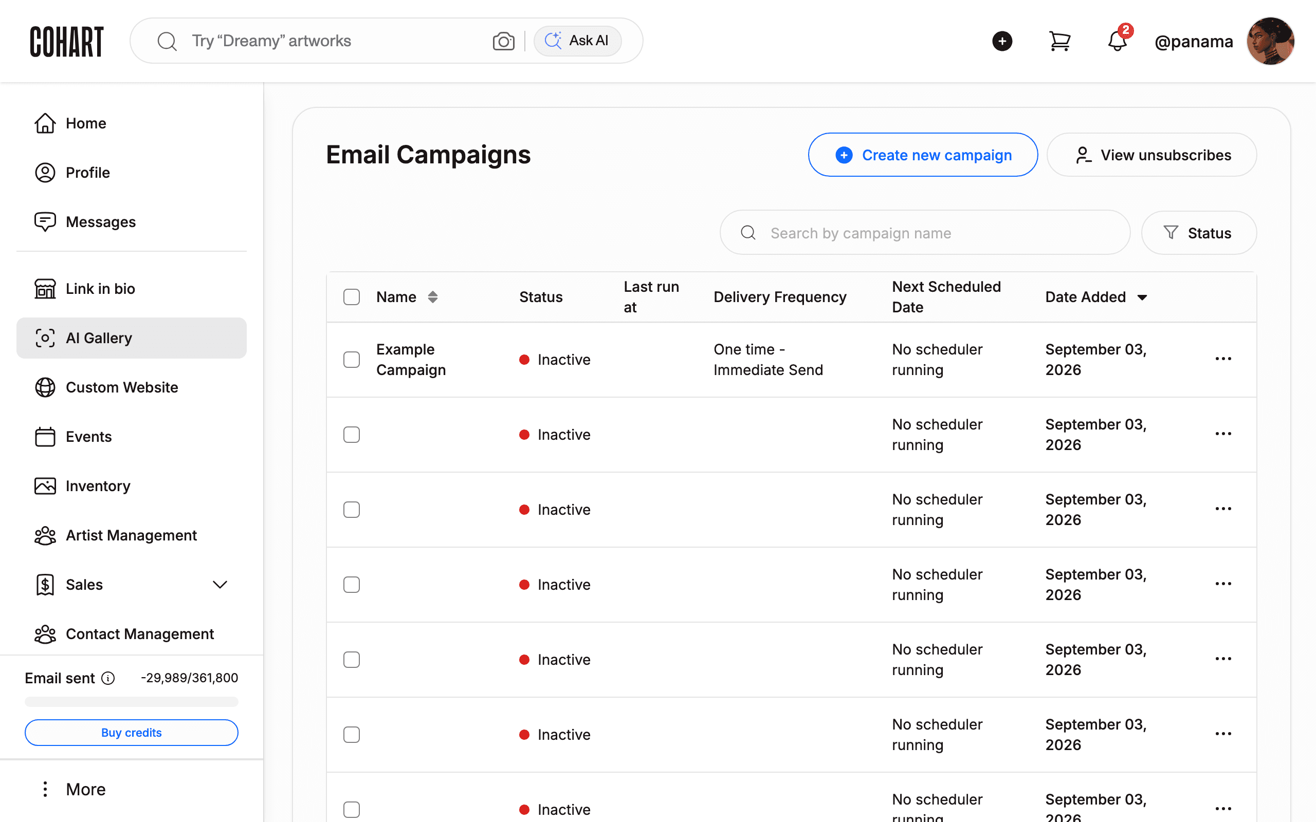 Open Marketing Email from the sidebar menu
