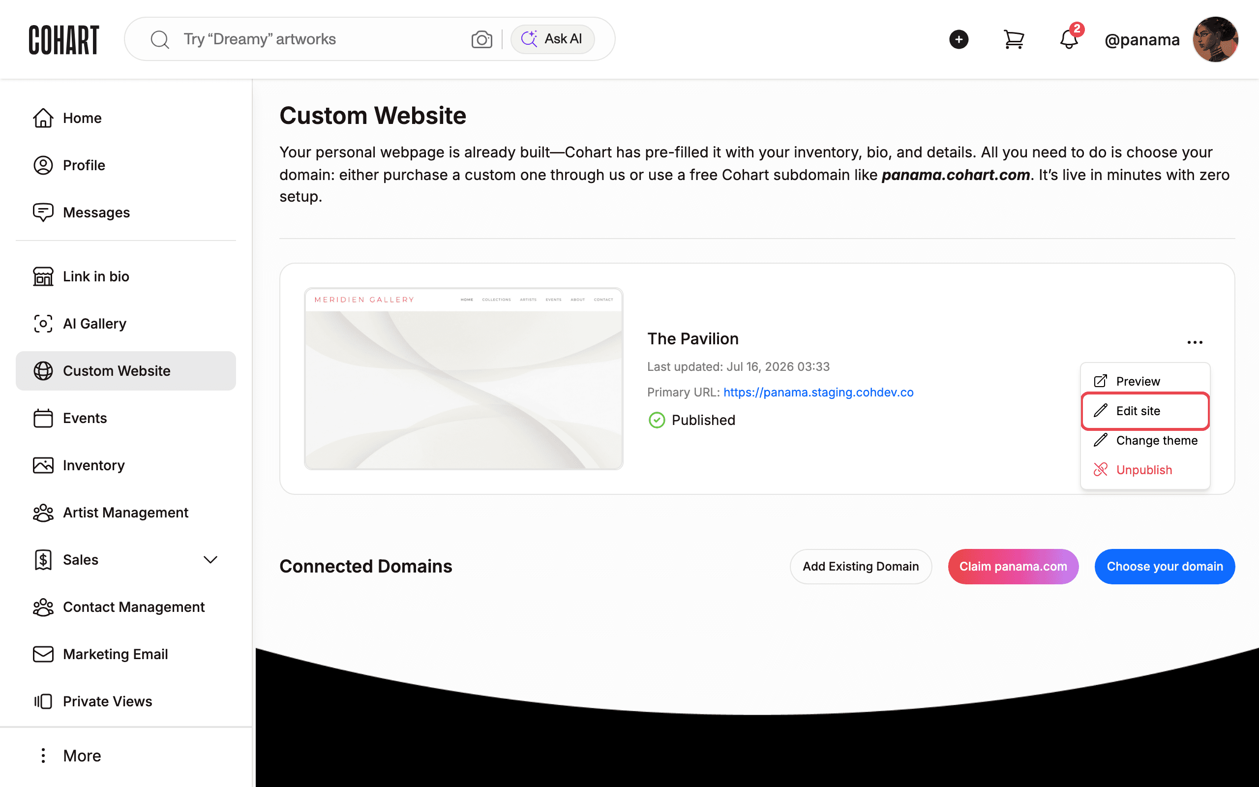 Open the site menu to find Edit site and Change theme