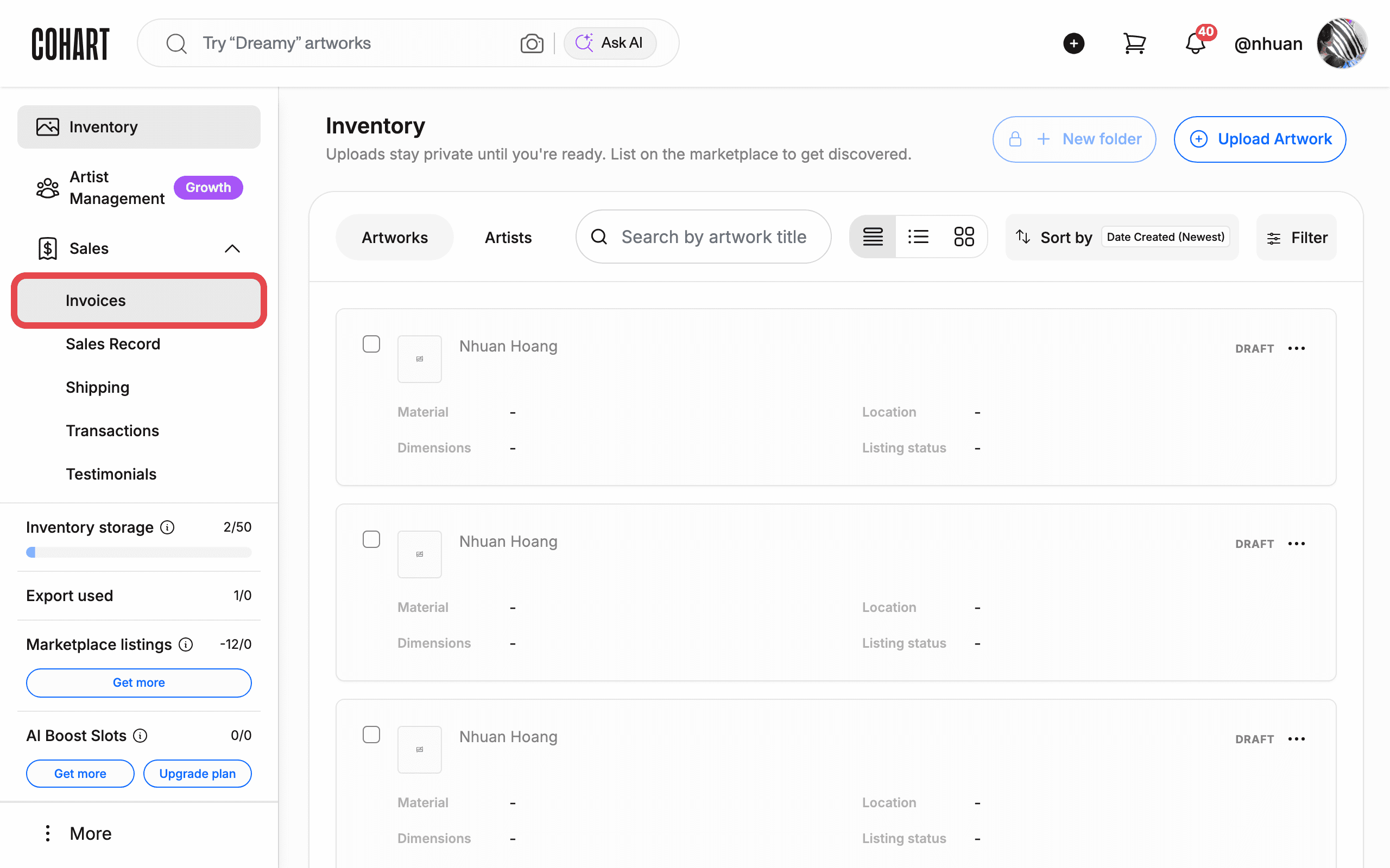 The Sales menu expanded with Invoices highlighted