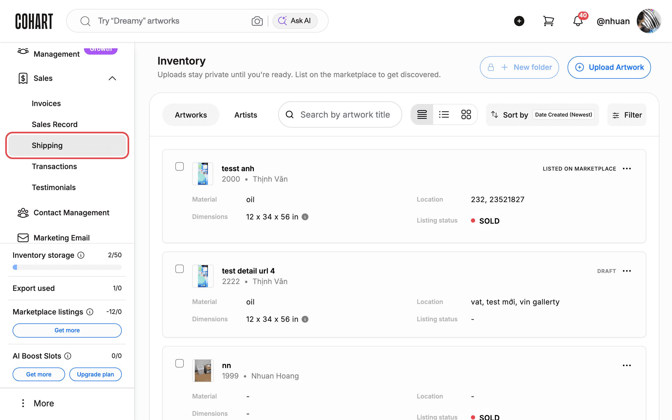 The Sales menu expanded with Shipping highlighted