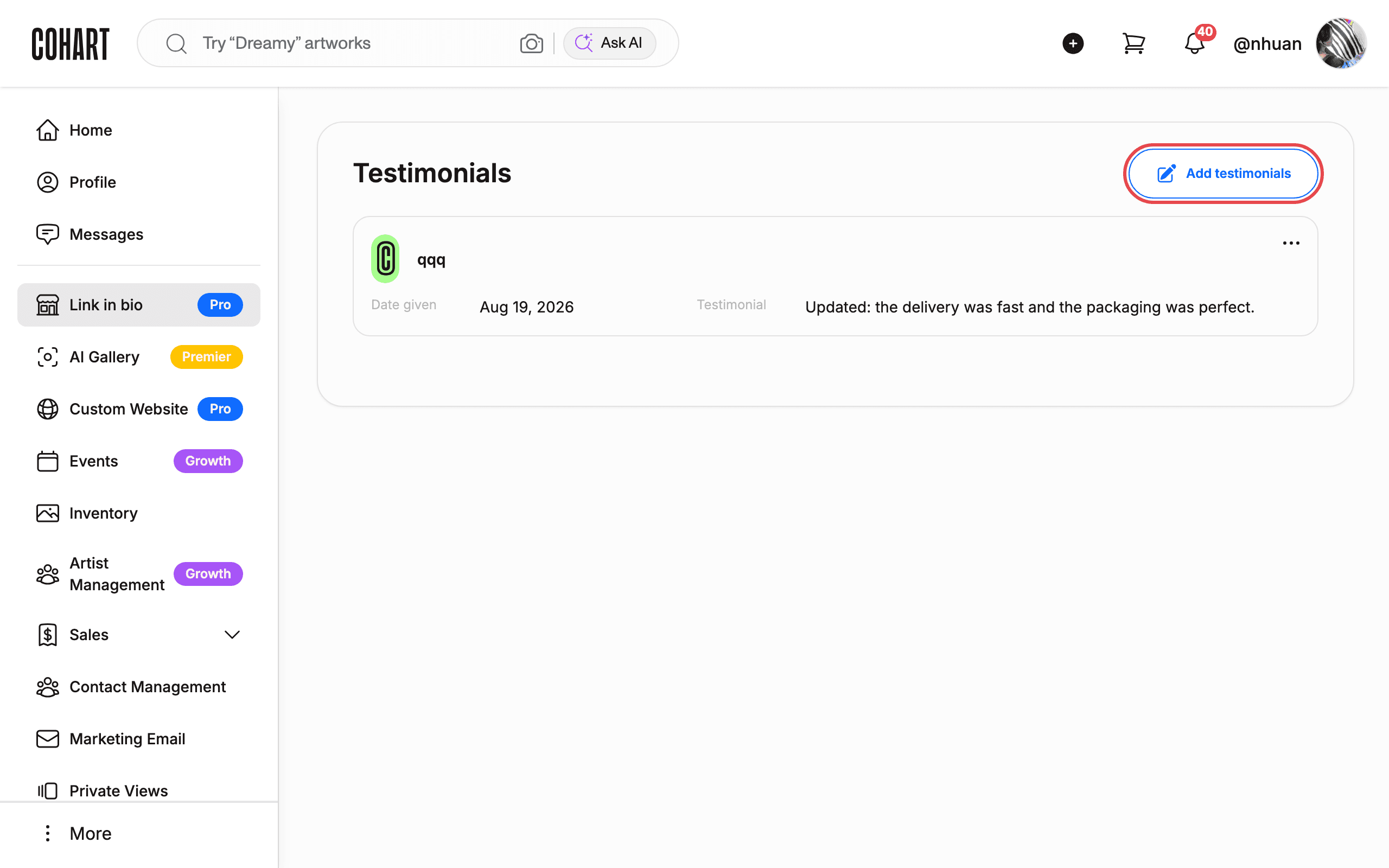 The Testimonials page