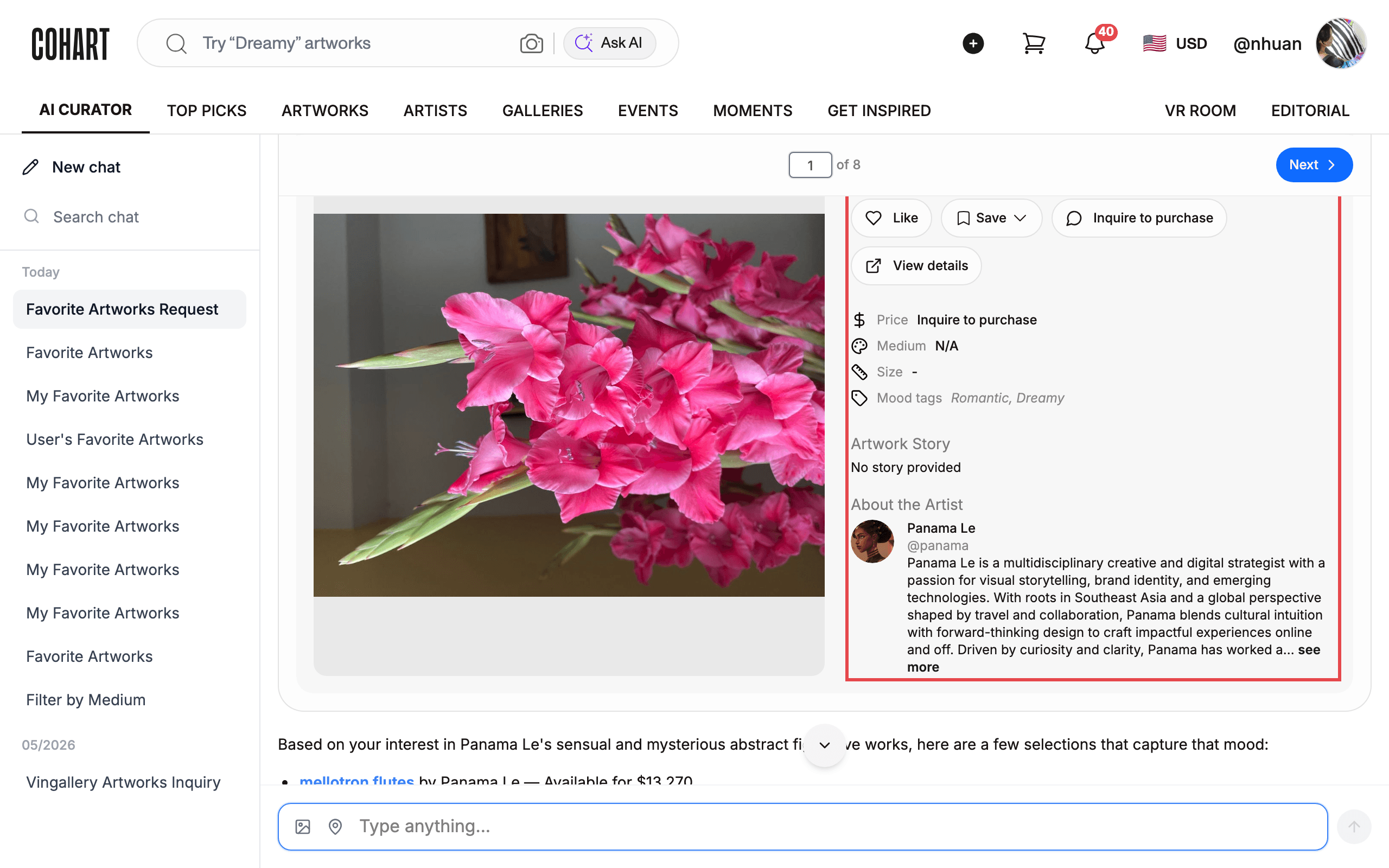 Review the AI response with your favorite artworks
