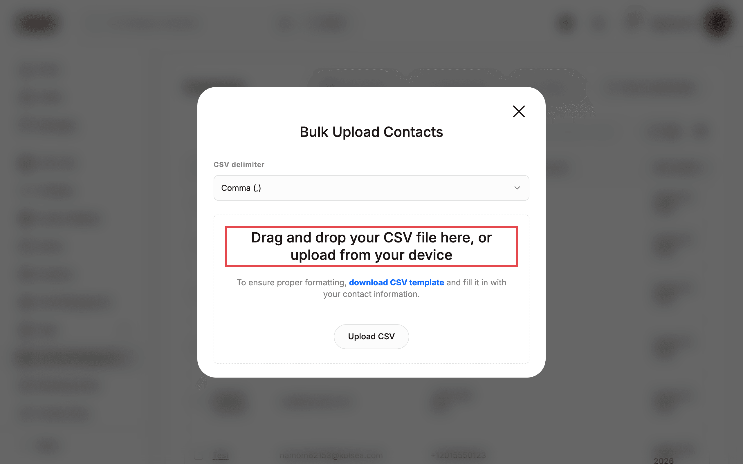 Bulk Upload Contacts dialog with drop zone highlighted