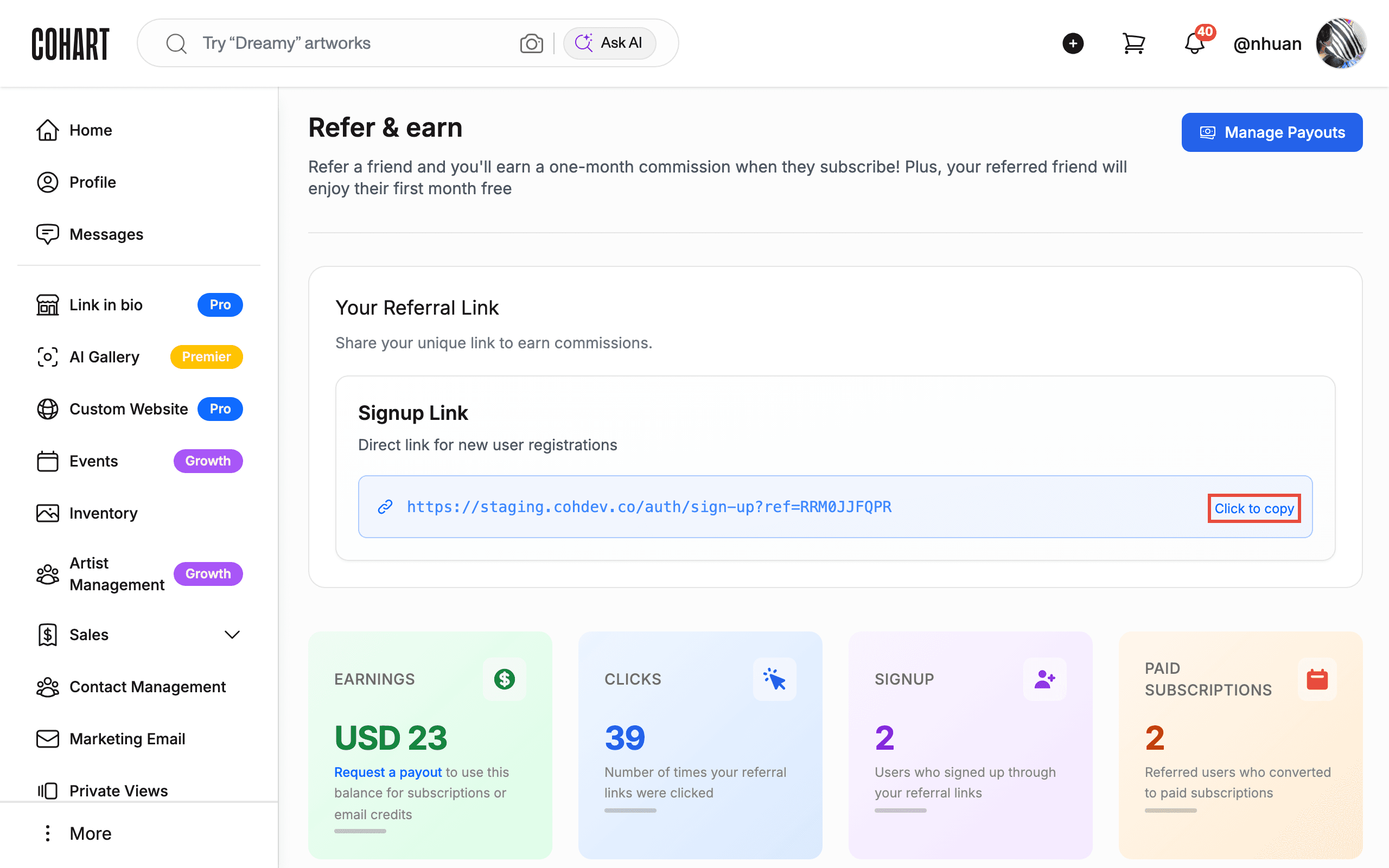 Click Click to copy to copy your referral link
