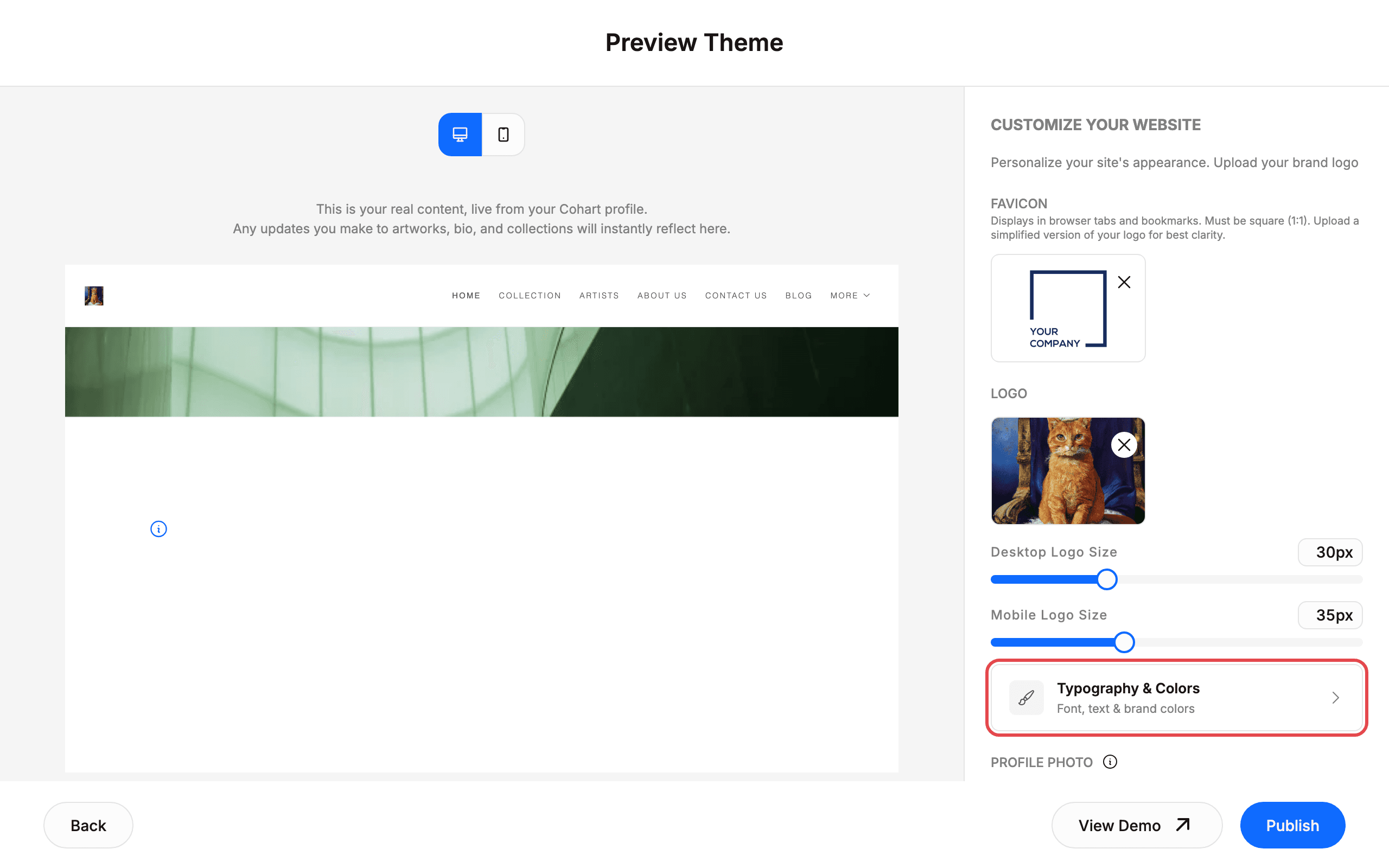 Edit site config: logo, favicon, typography, photo, address