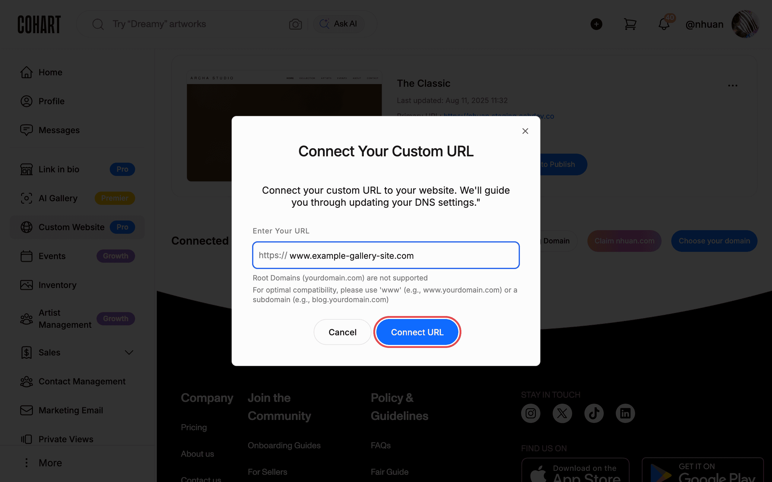 Enter your URL and click Connect URL