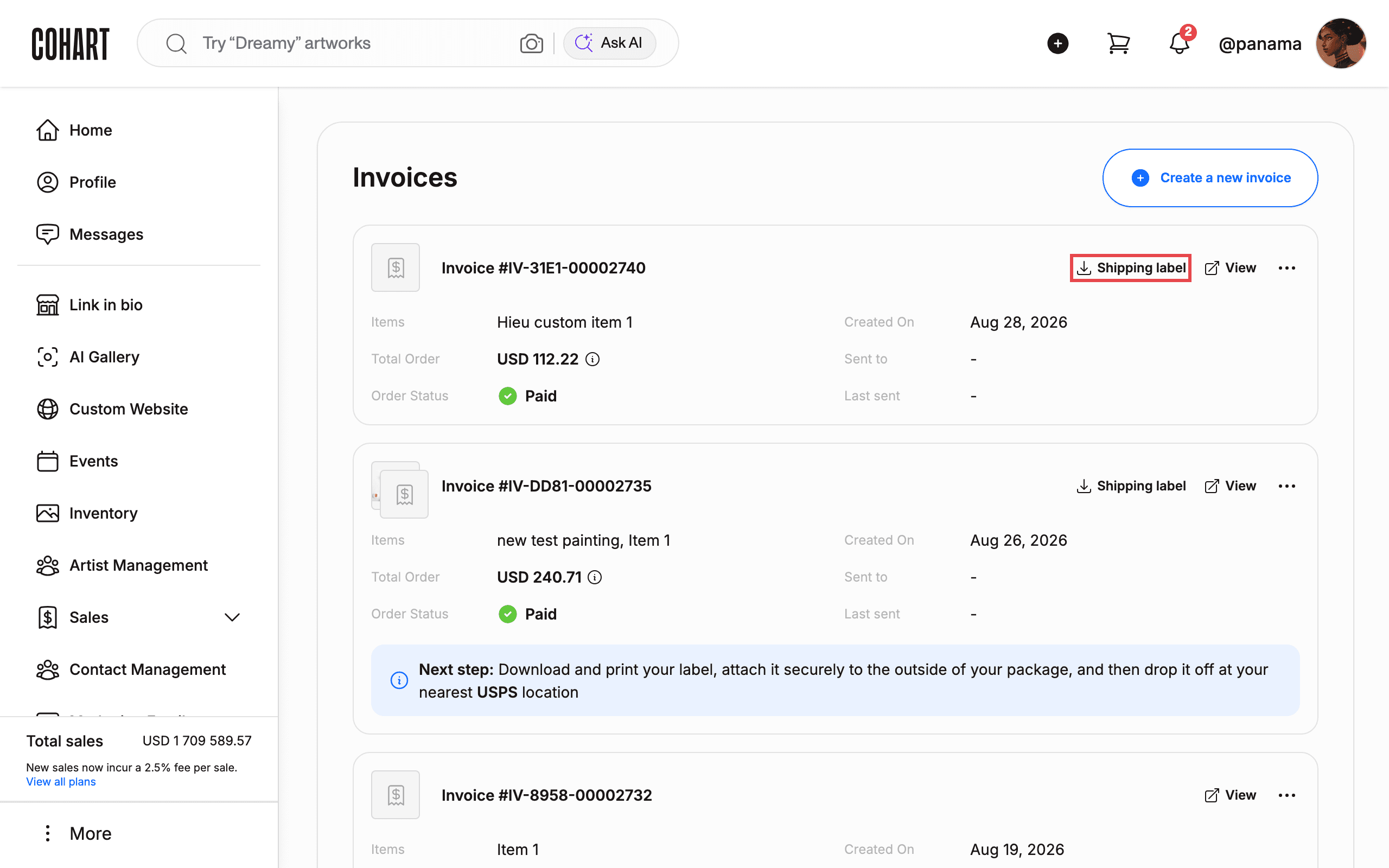 Find the paid invoice and its Shipping label button