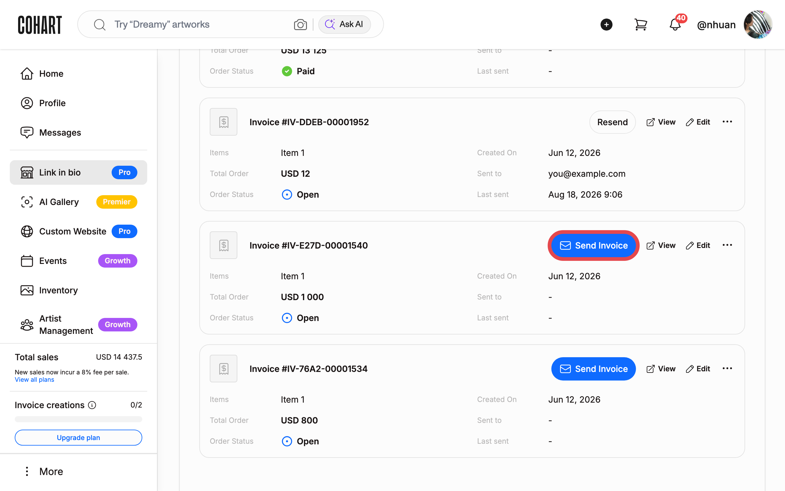 The Invoices page with the Send Invoice button highlighted