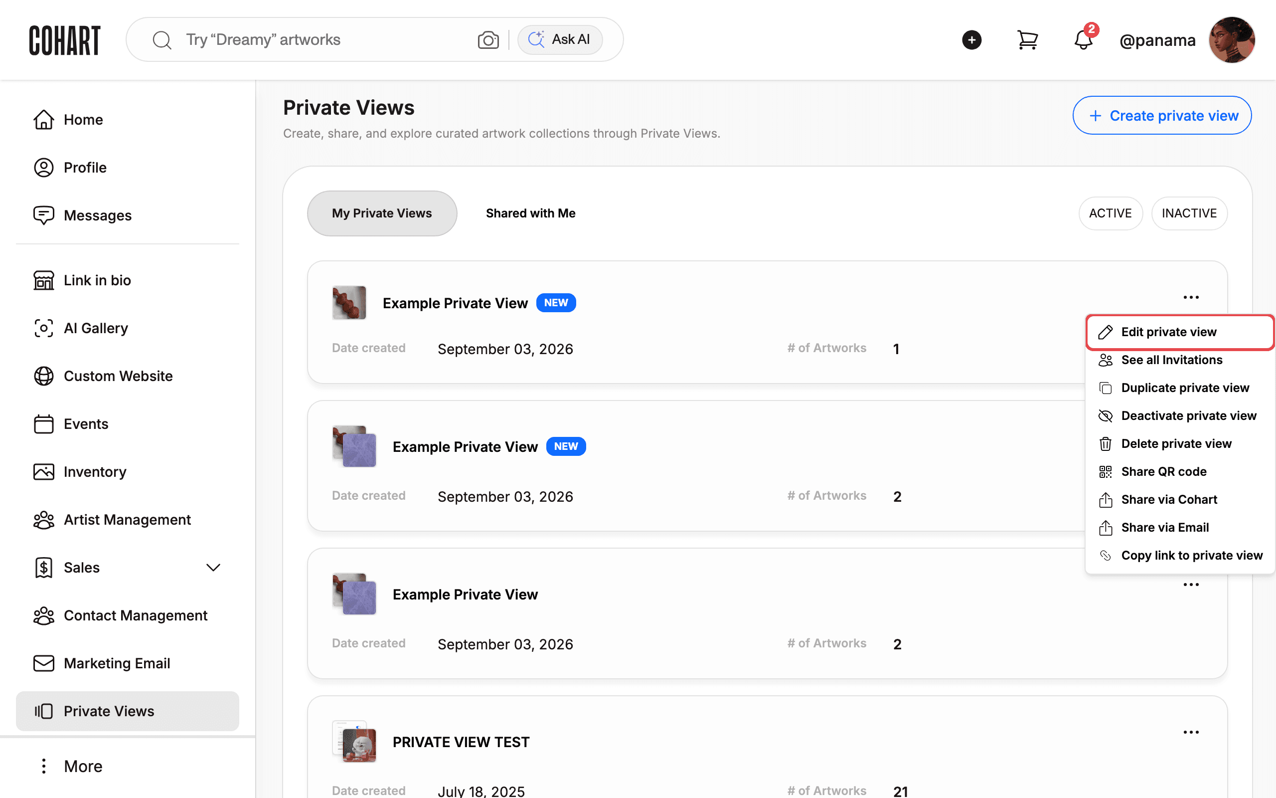 Open the card menu and choose Edit private view