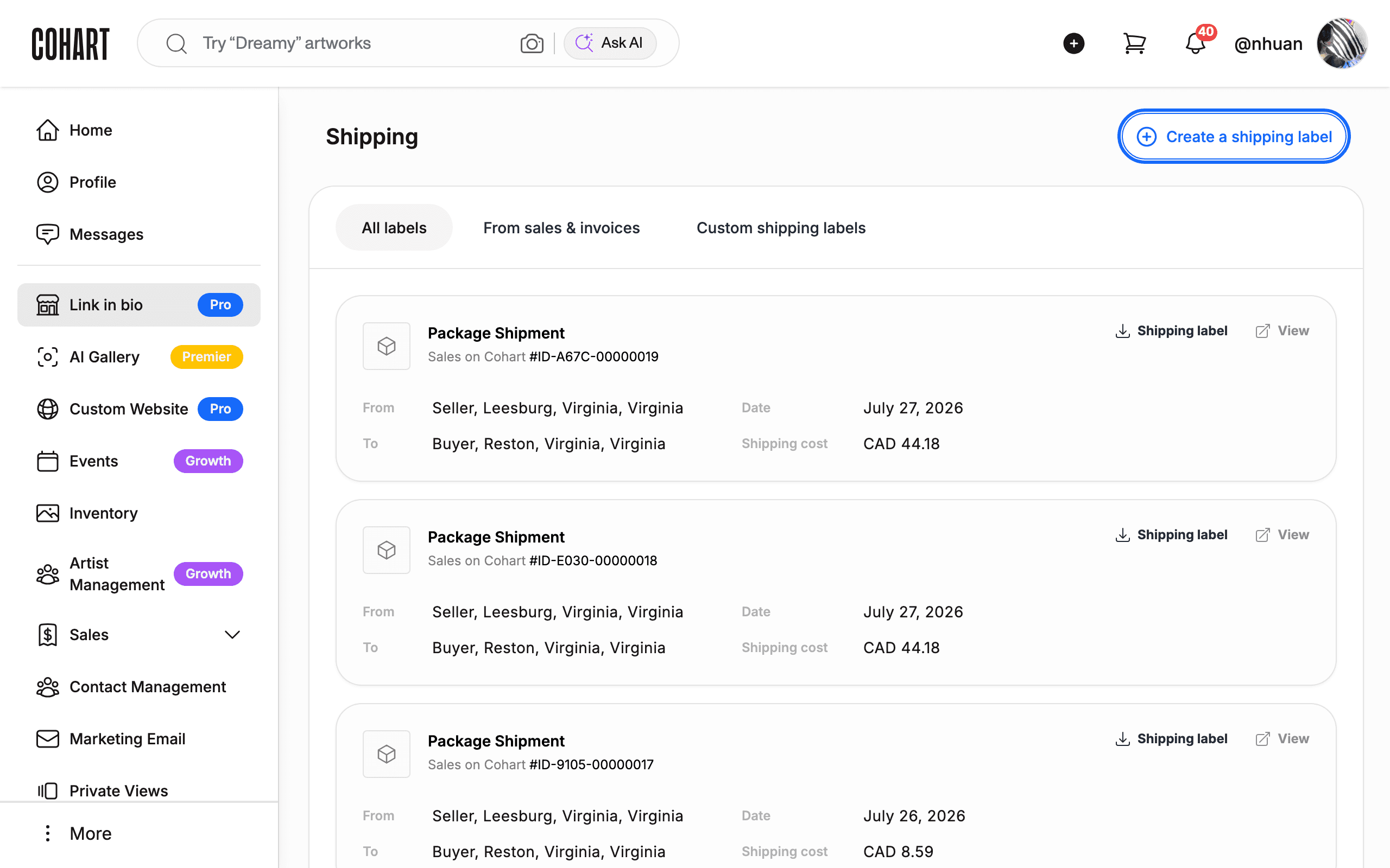 The Shipping page with the Create a shipping label button highlighted