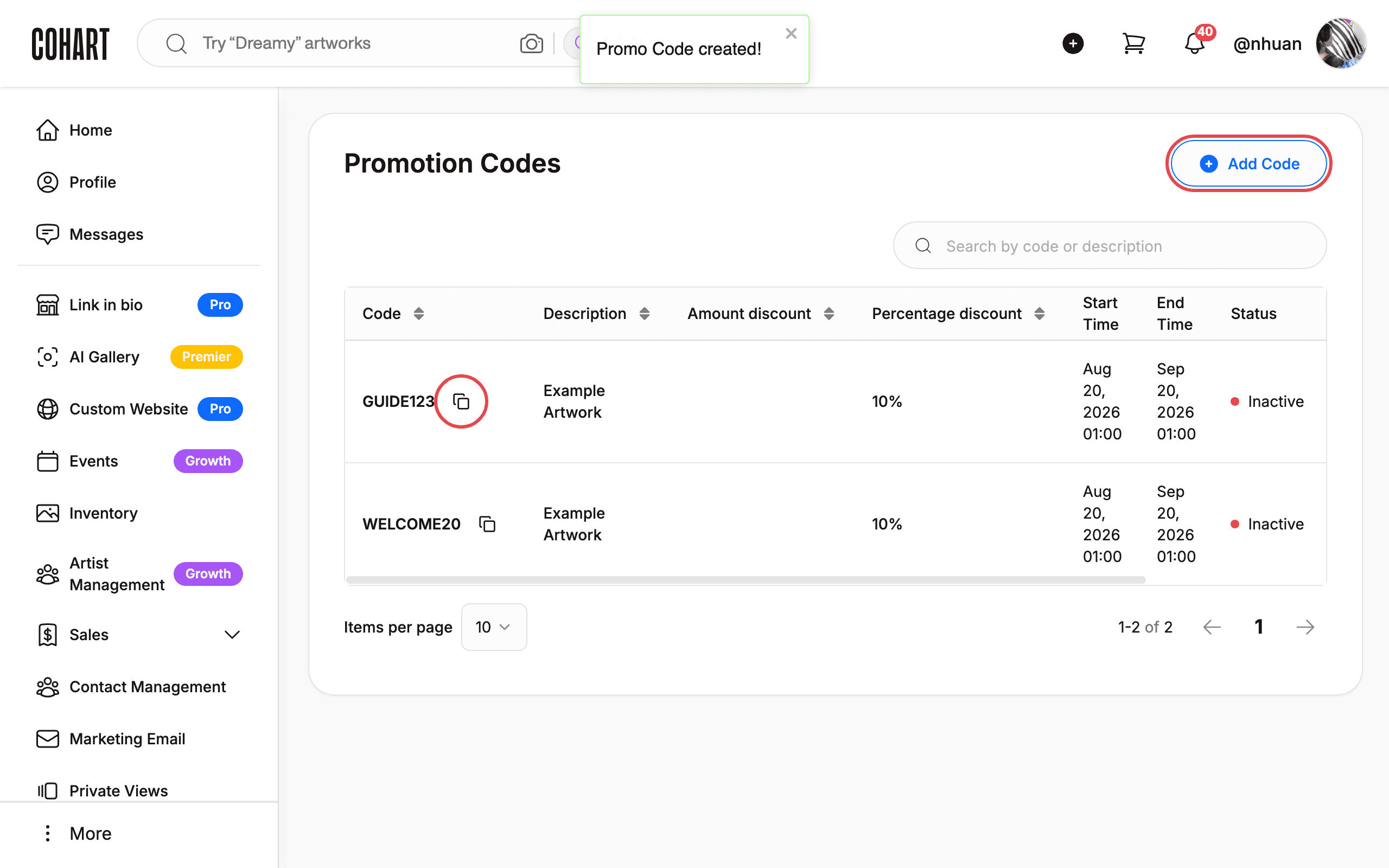 Code appears in the list after saving