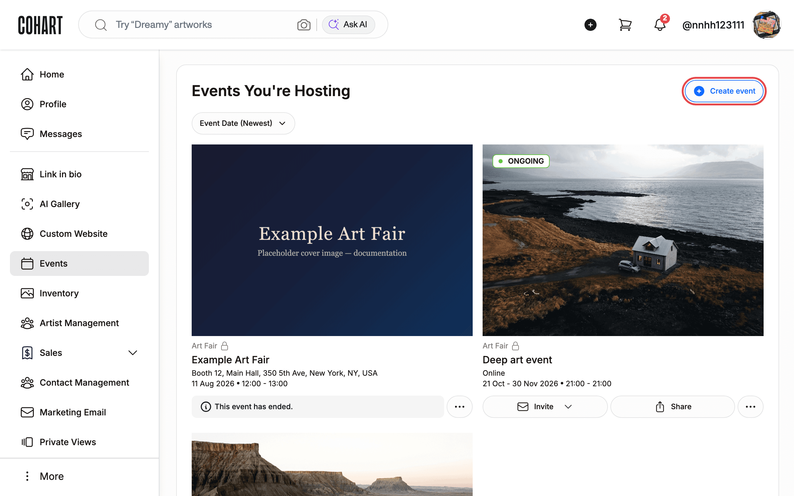 Create event button highlighted