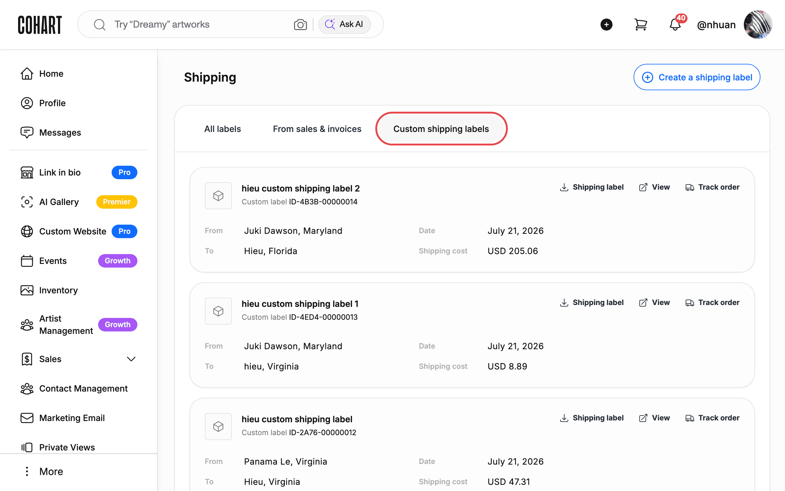 The Custom shipping labels tab showing label cards with Track order links