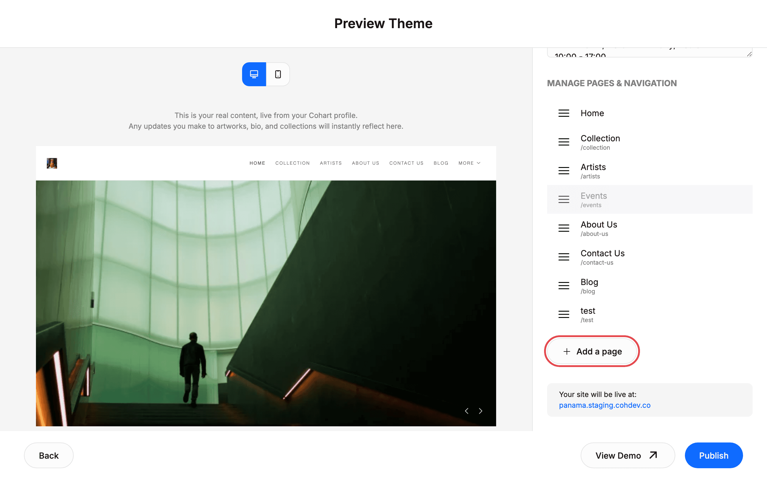 Manage pages and publish: Add a page, View Demo, Publish