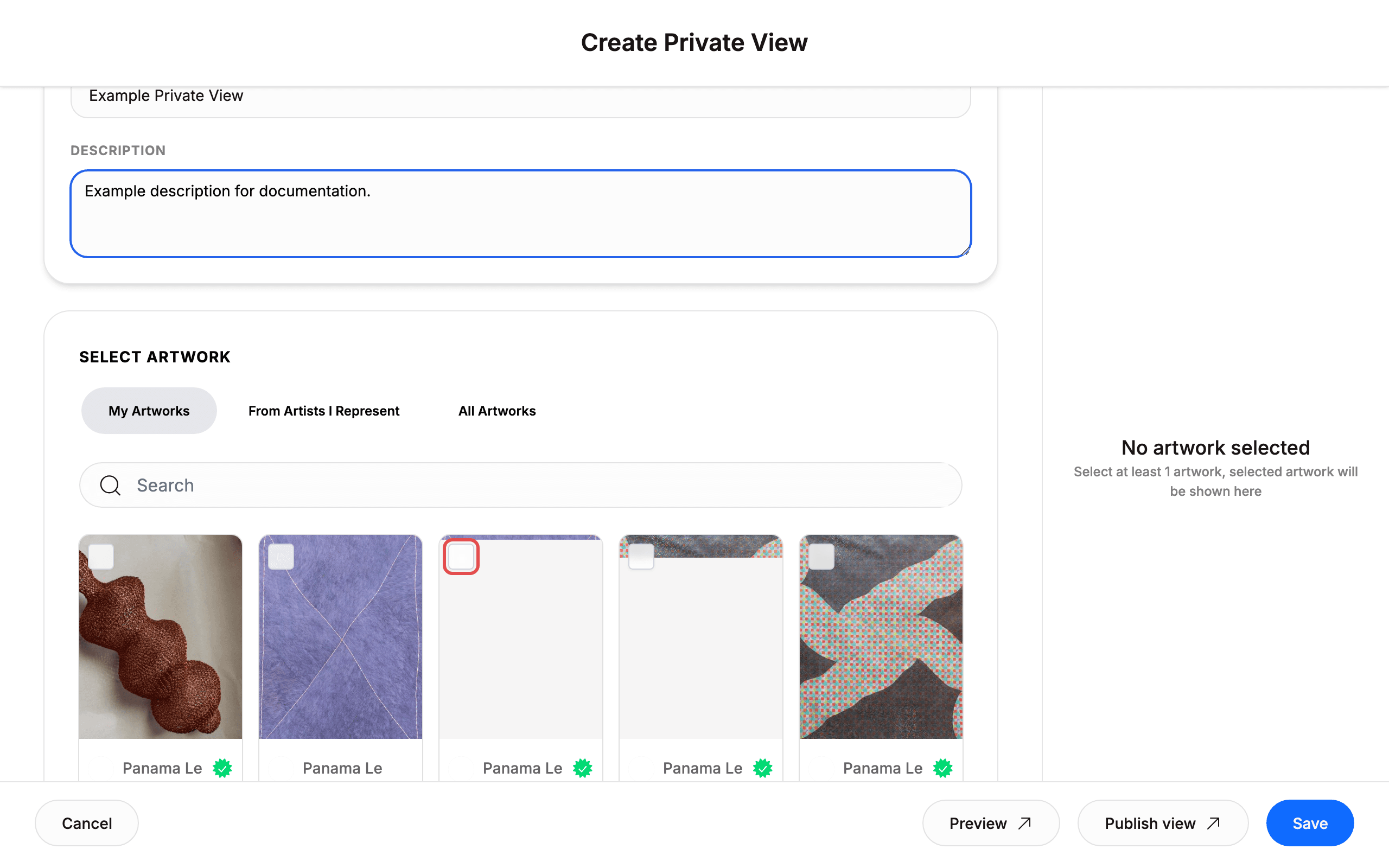 The artwork grid with a selection checkbox highlighted