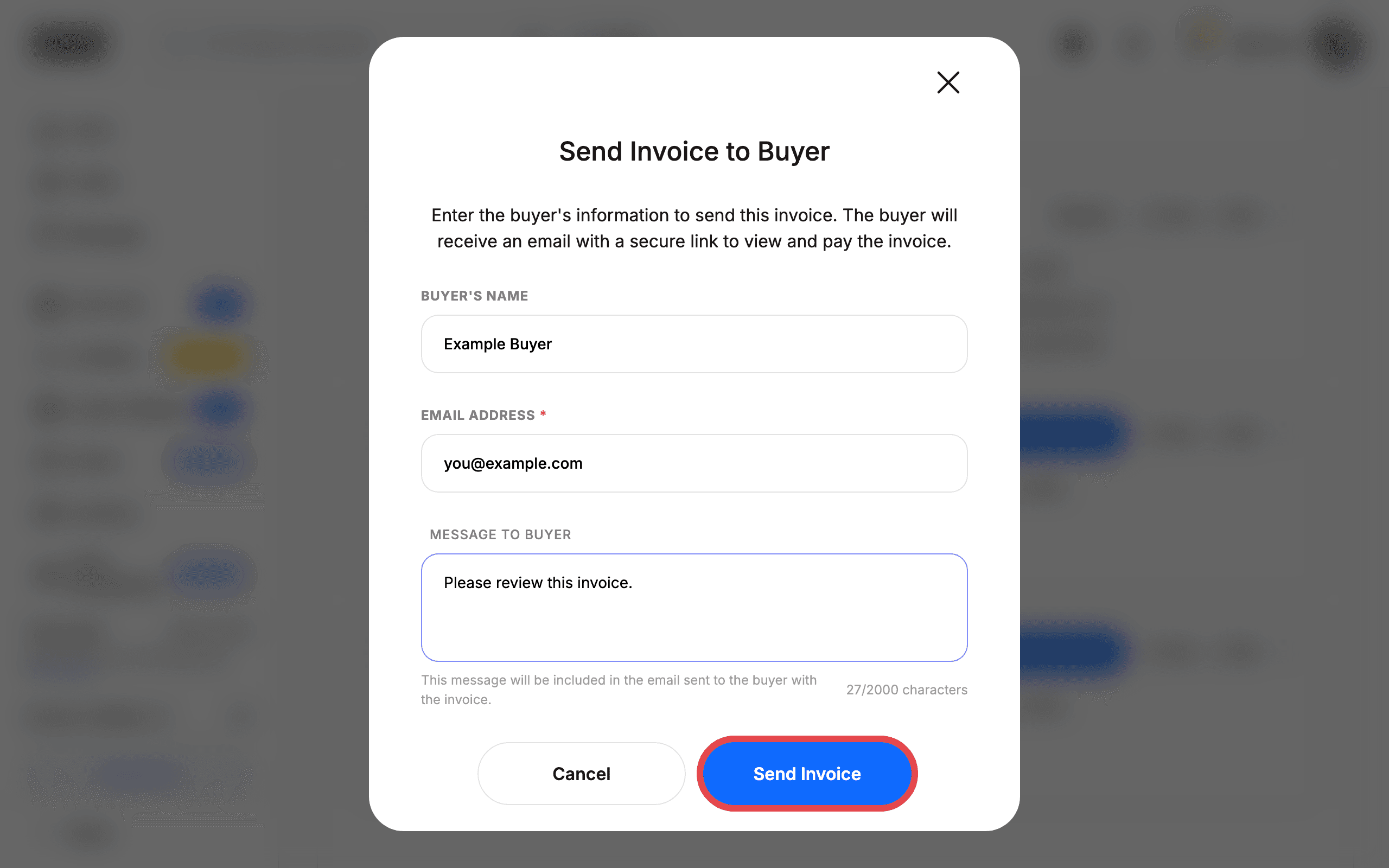The Send Invoice to Buyer dialog with the buyer details filled in and the Send Invoice button highlighted