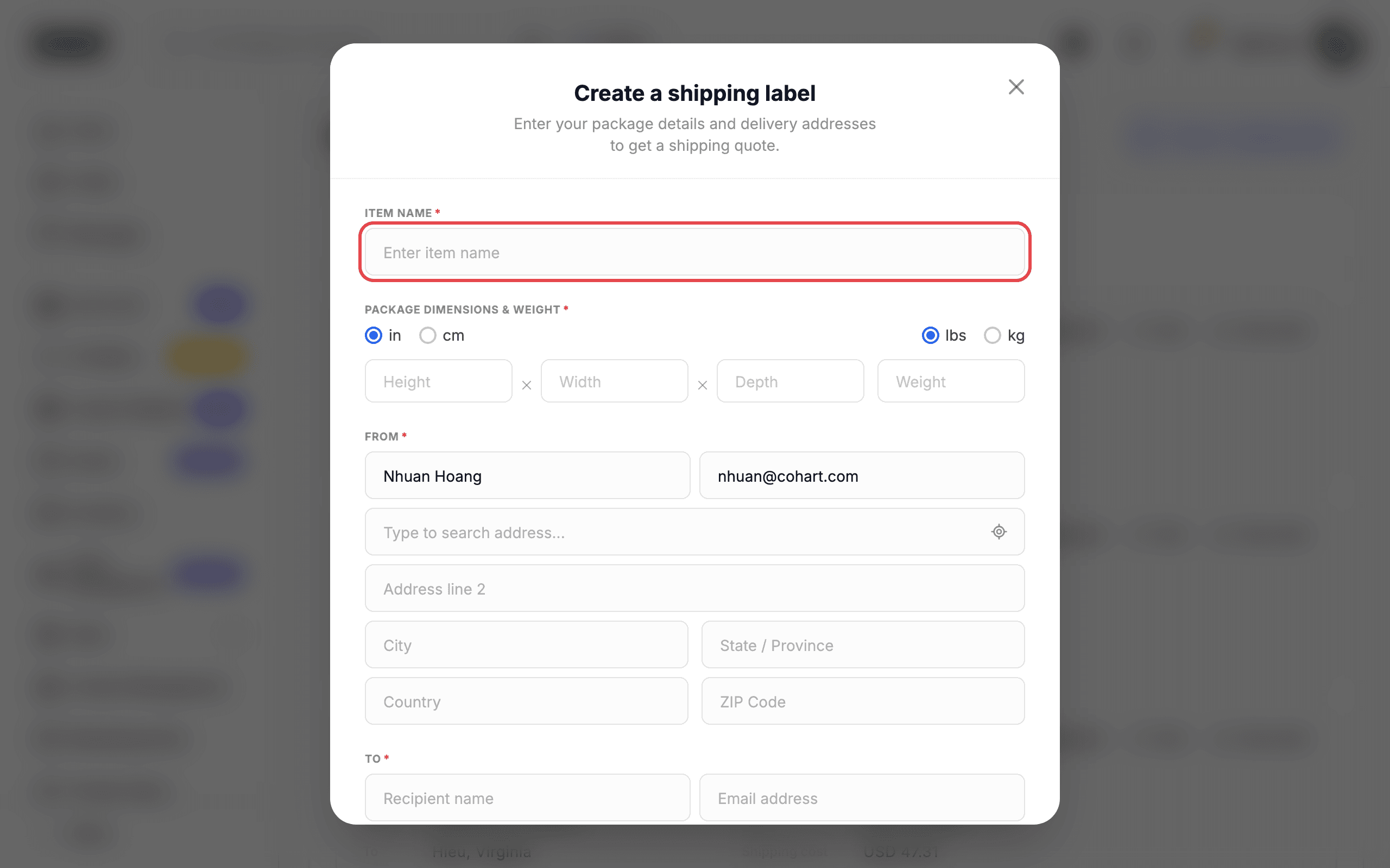 The create form with the item name field highlighted