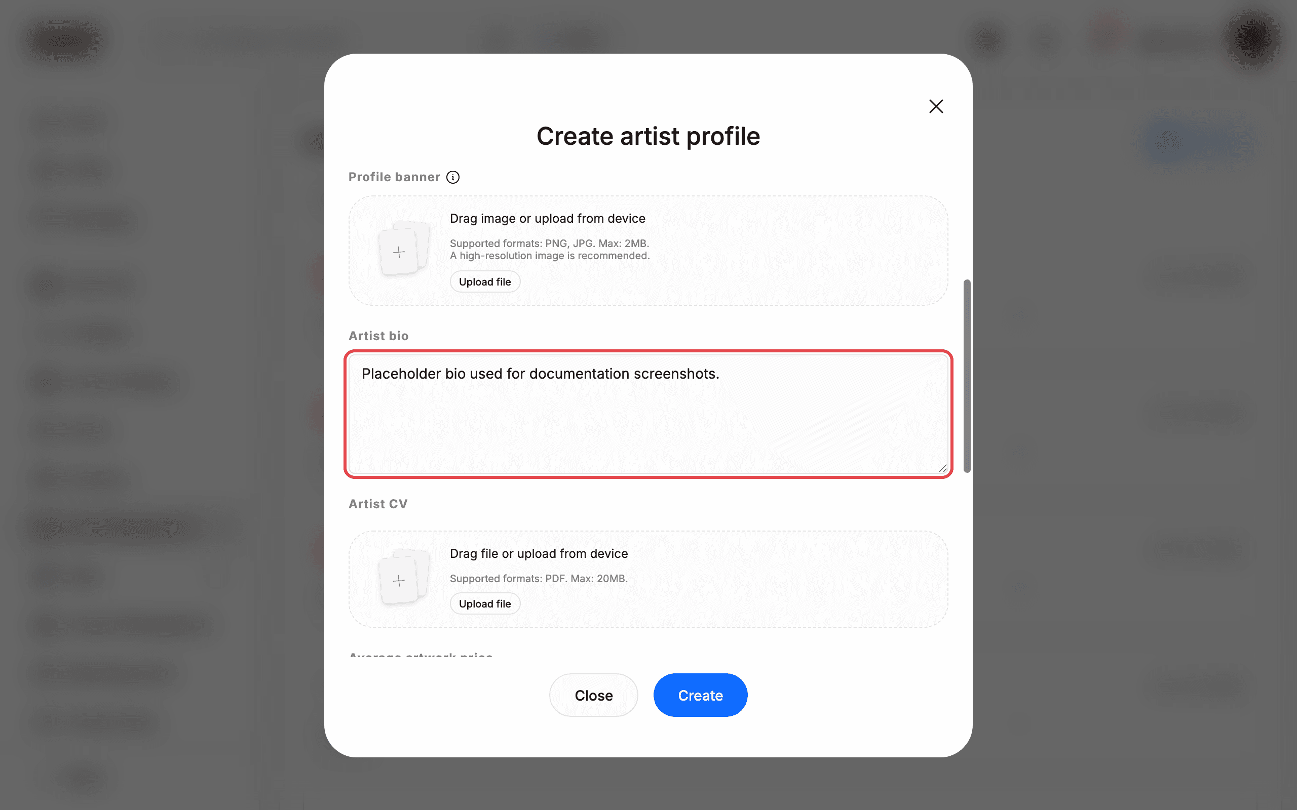 Fill in the artist name, bio, and profile details