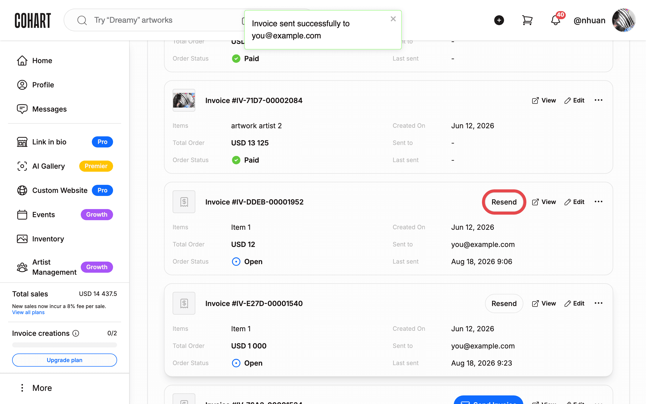 The sent invoice card with the Resend button highlighted