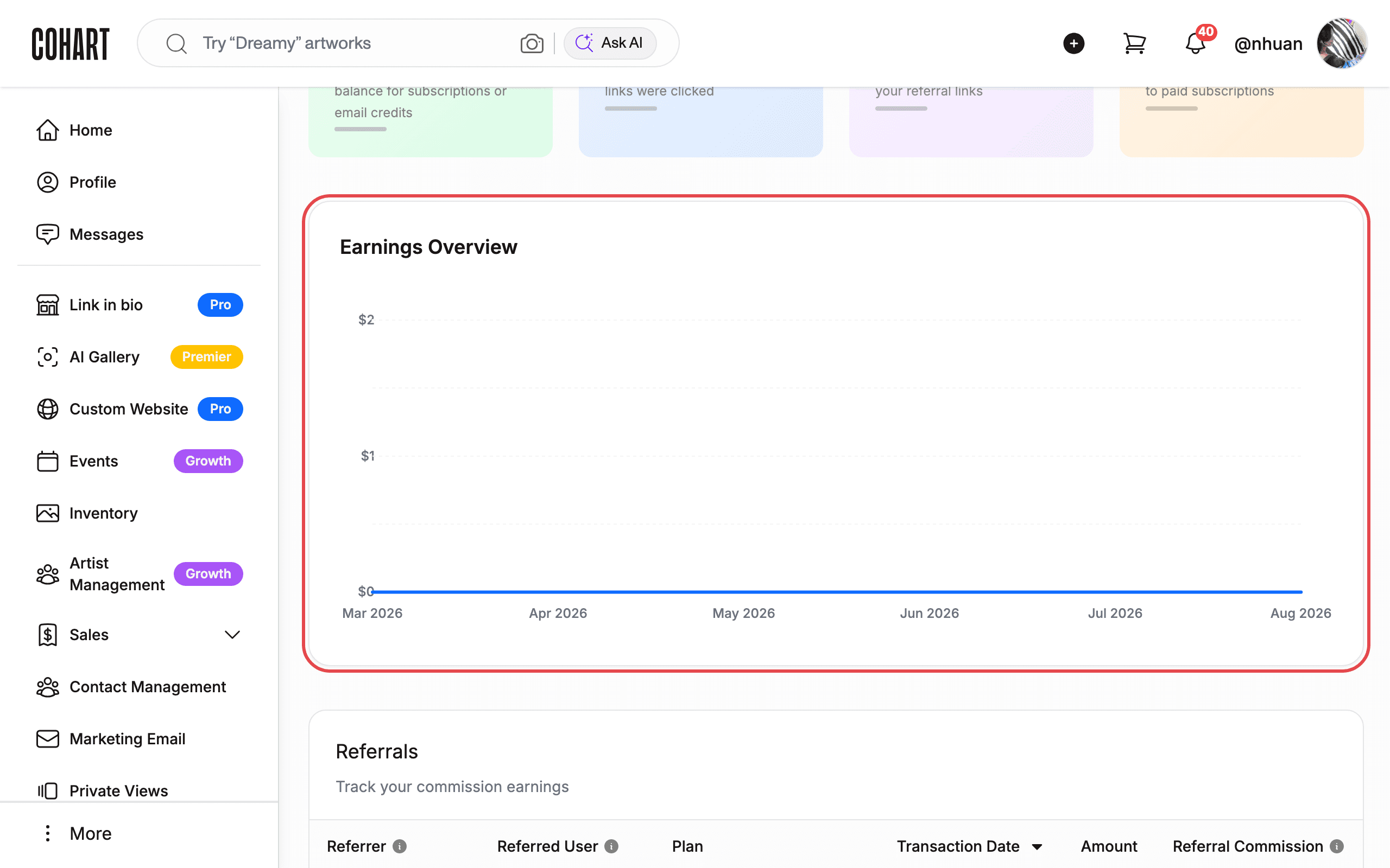 Track your earnings in the Earnings Overview chart