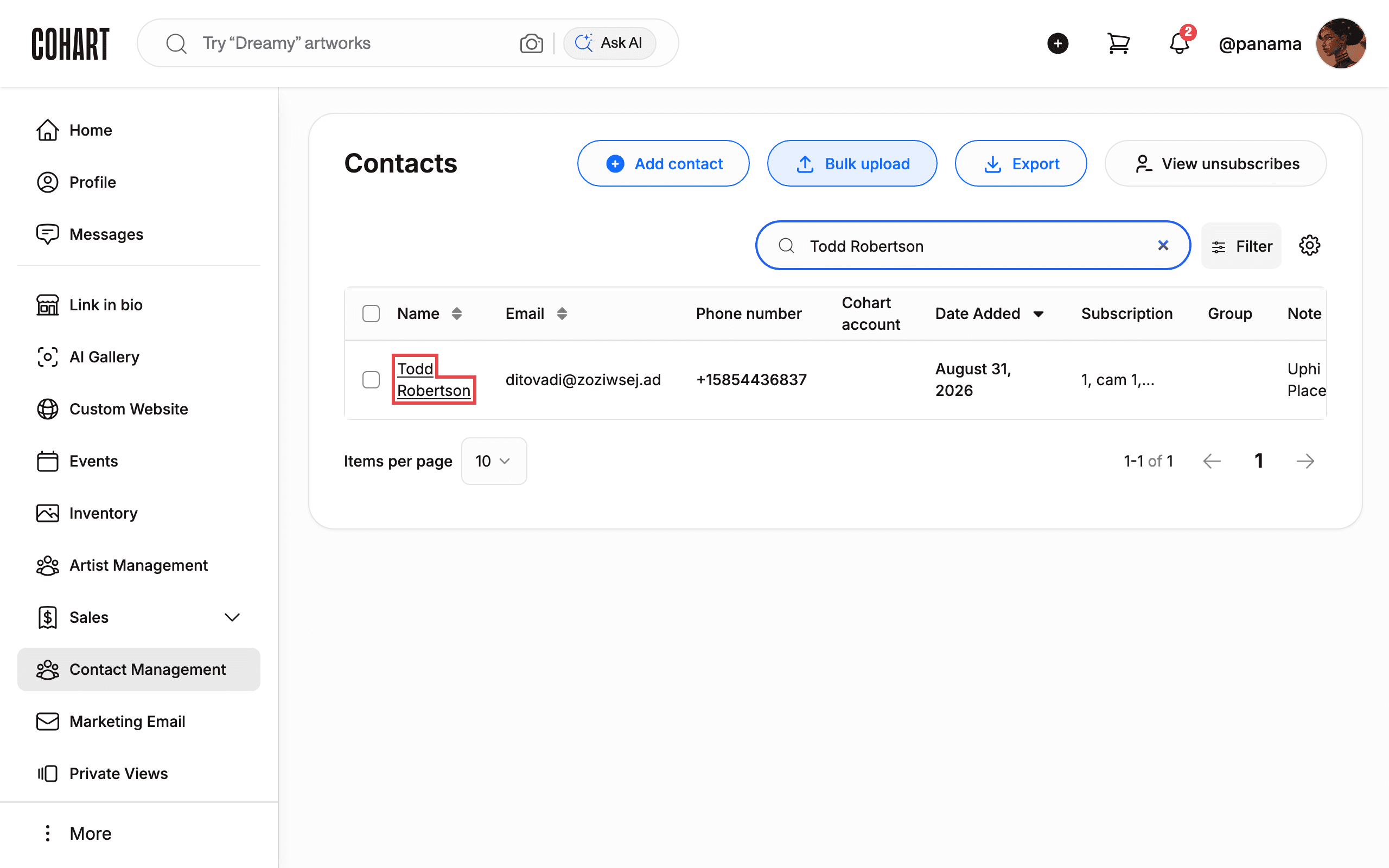 Contacts list showing the imported contact