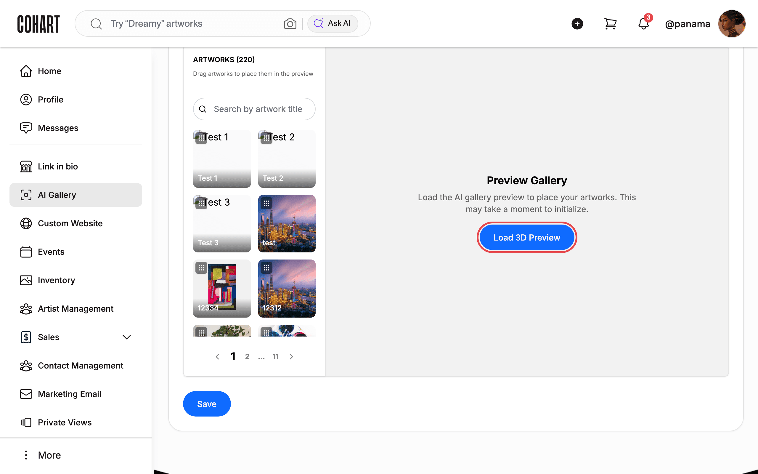 Load the 3D preview to place artworks