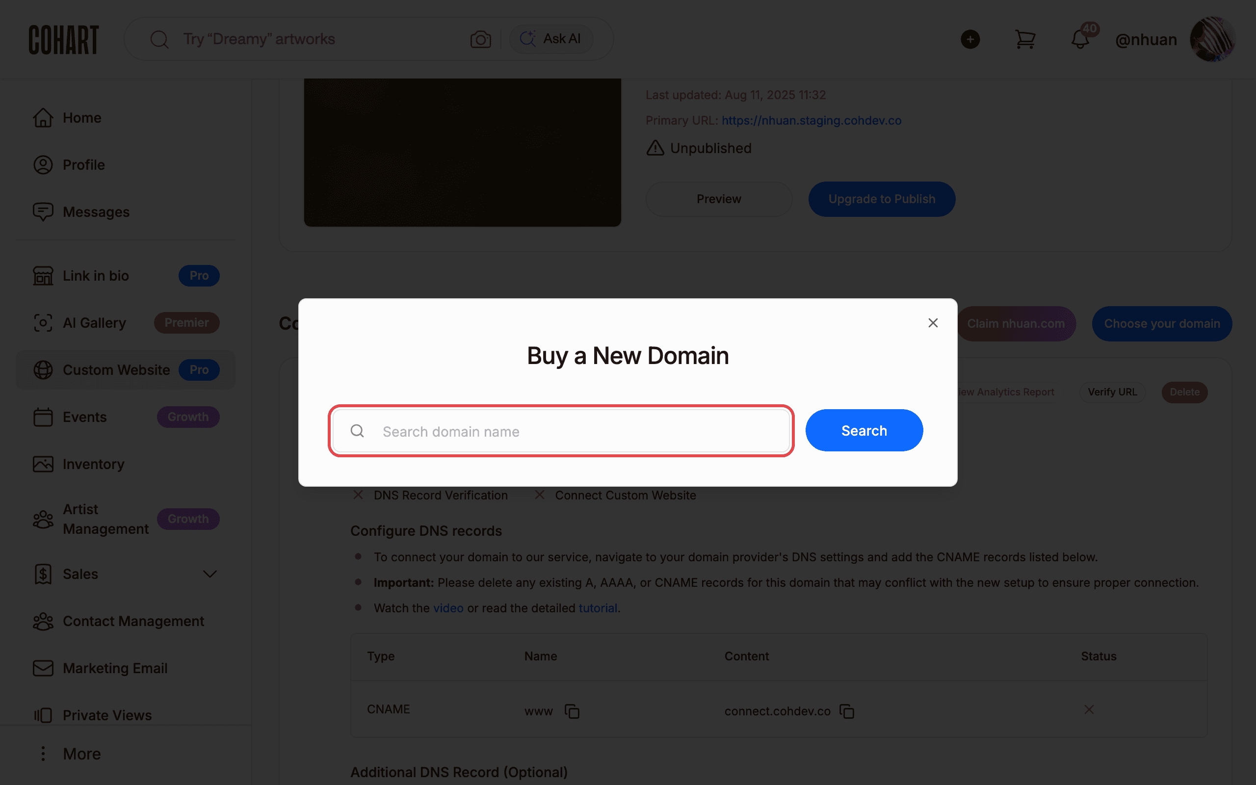 Buy a domain: open Choose your domain