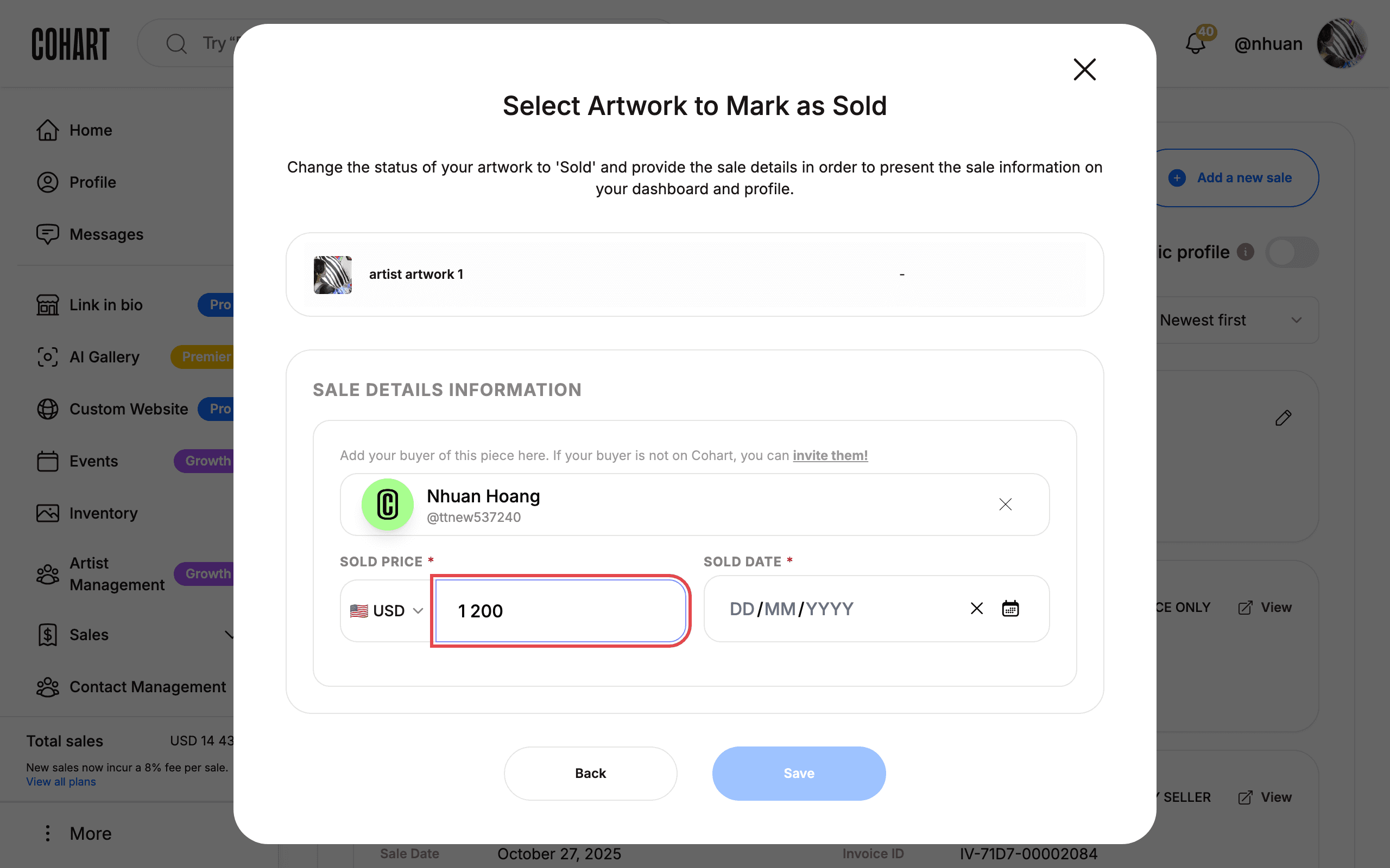 Pick the buyer and enter the sold price