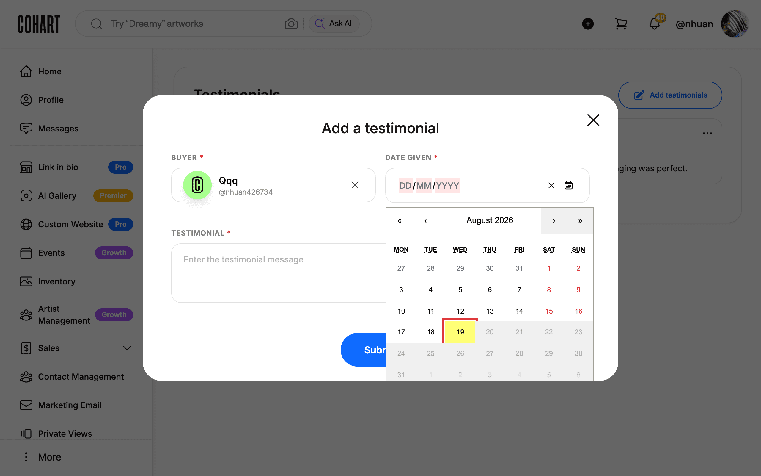 Choose the date the testimonial was given