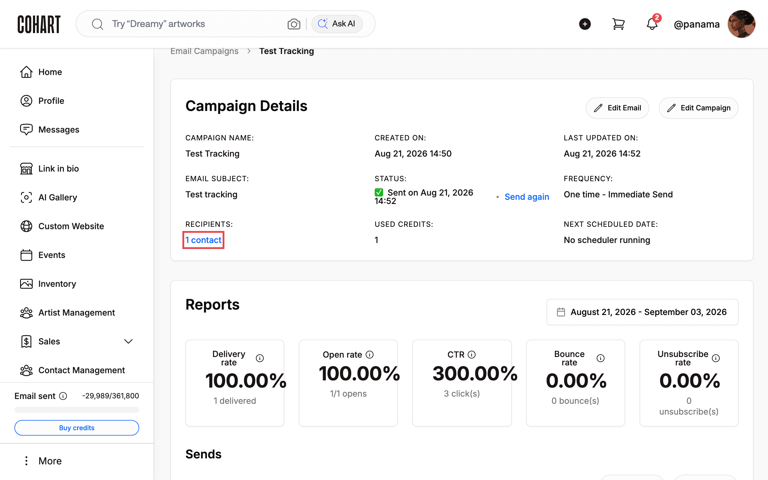 Read the campaign summary: name, subject, status, recipients, credits