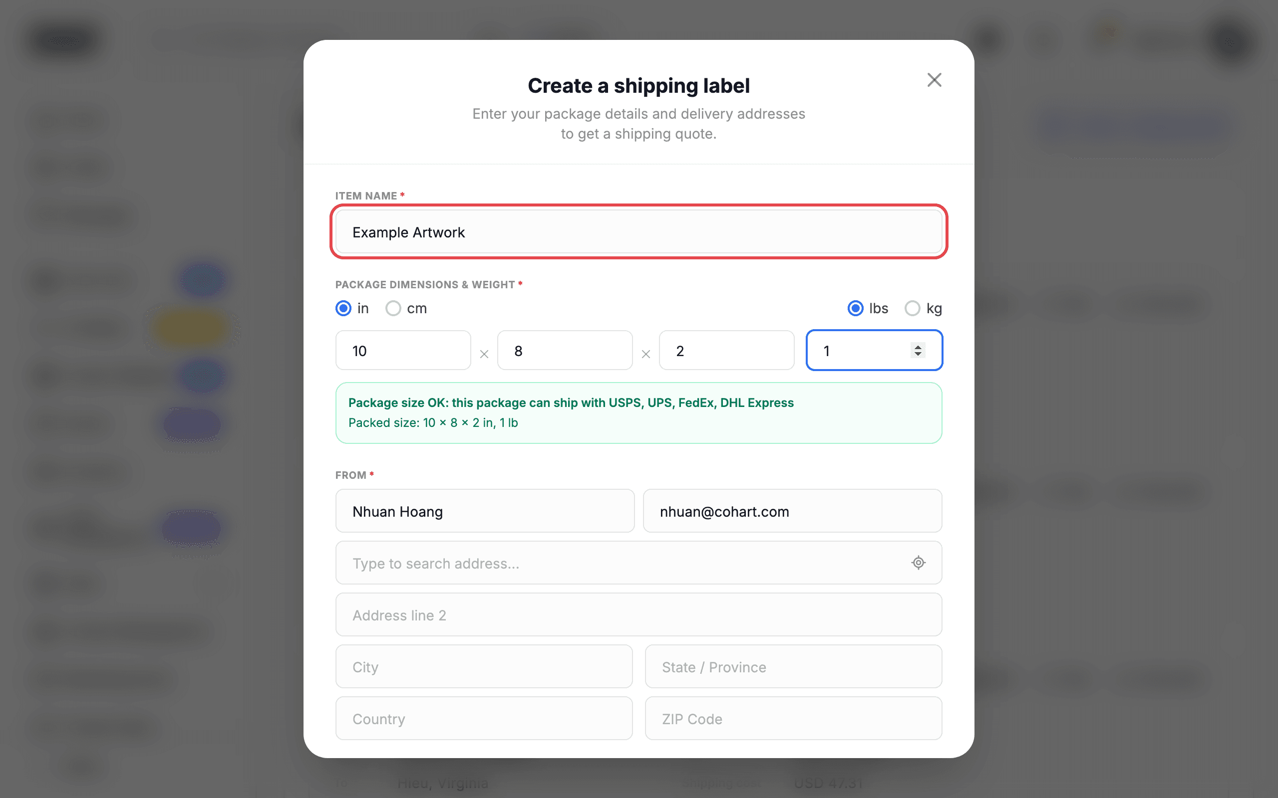 The form with item name and package size filled in and the validation message visible
