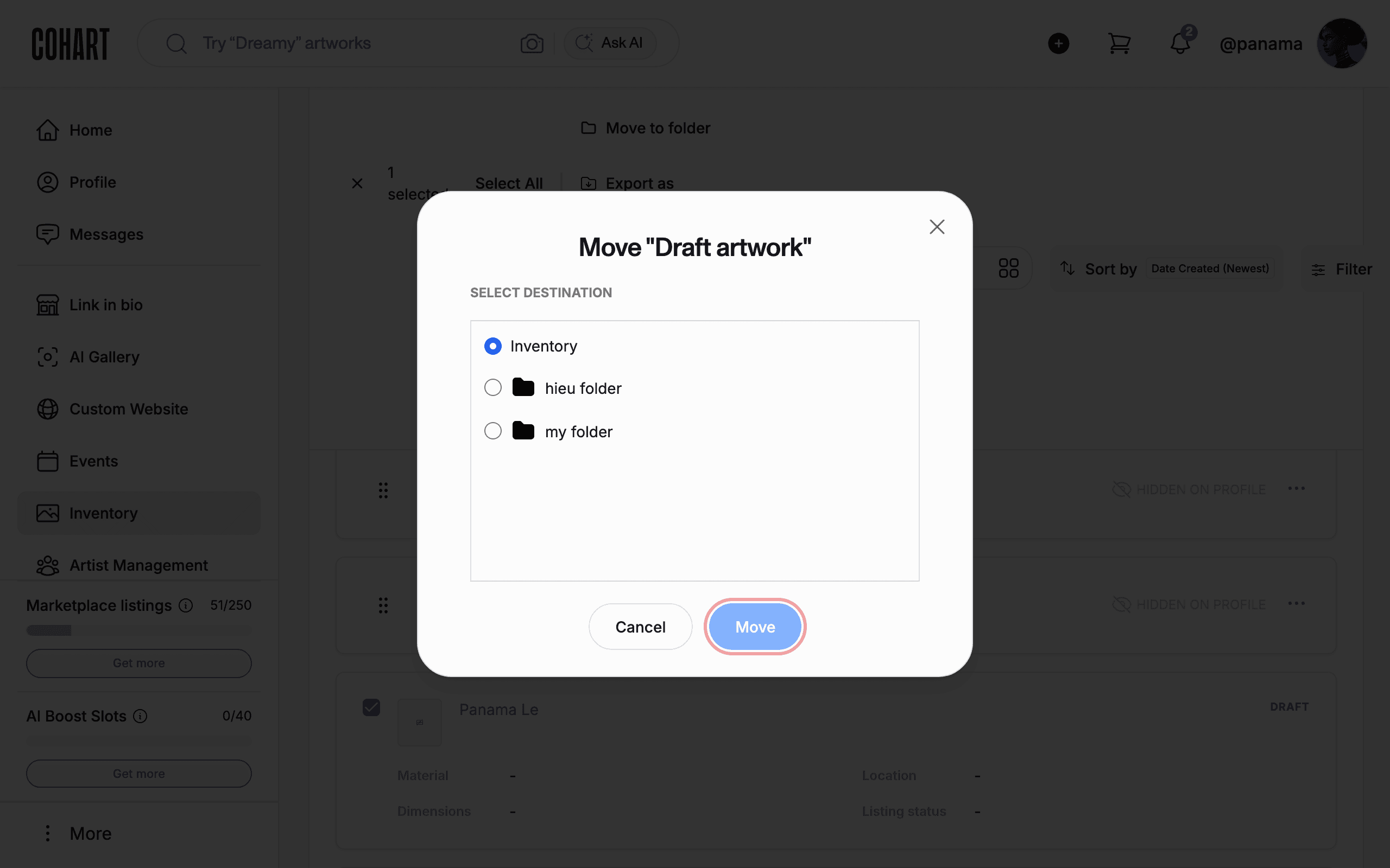 Click Move to folder, pick a destination, then Move