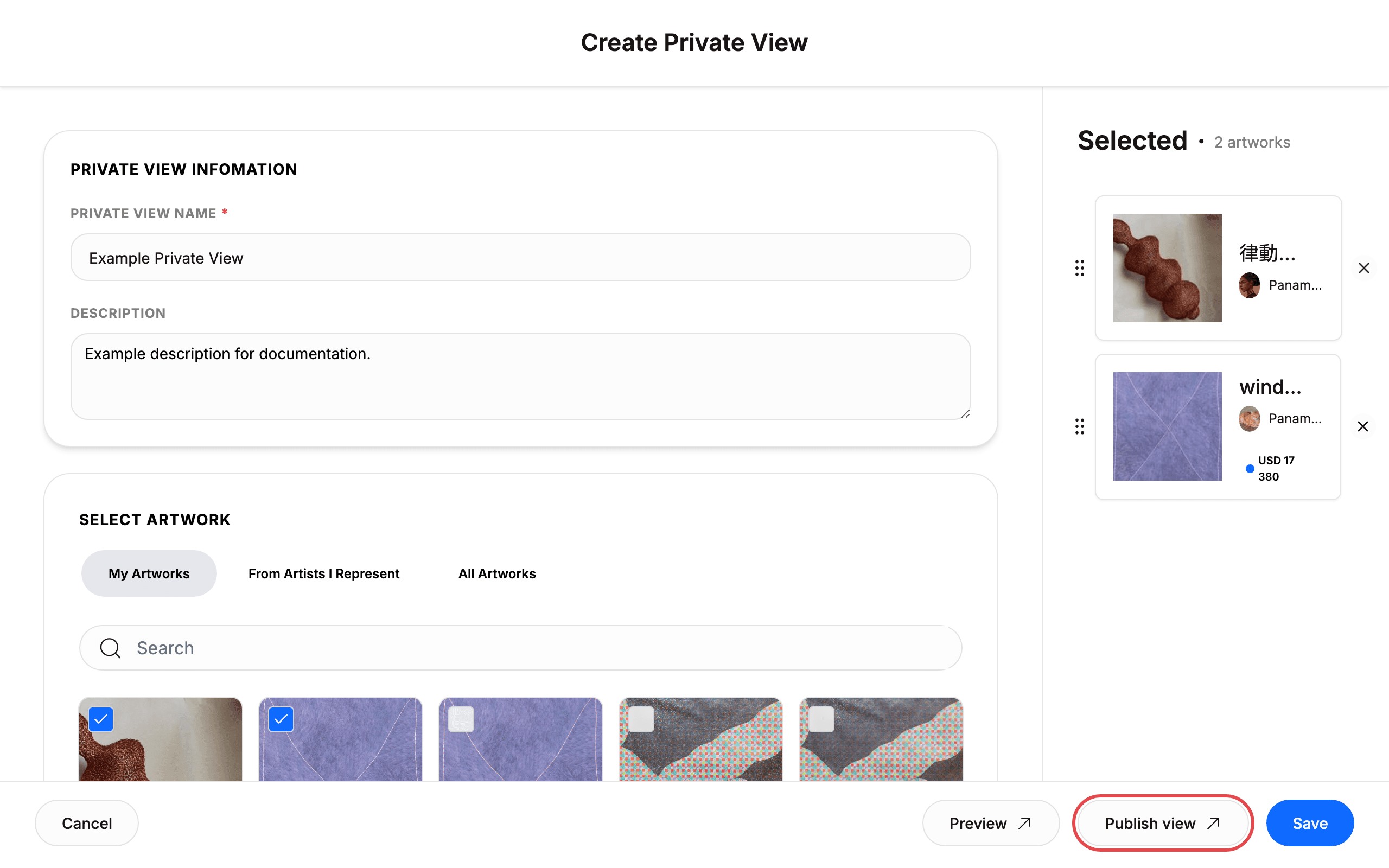 The bottom action bar with the Publish view button highlighted