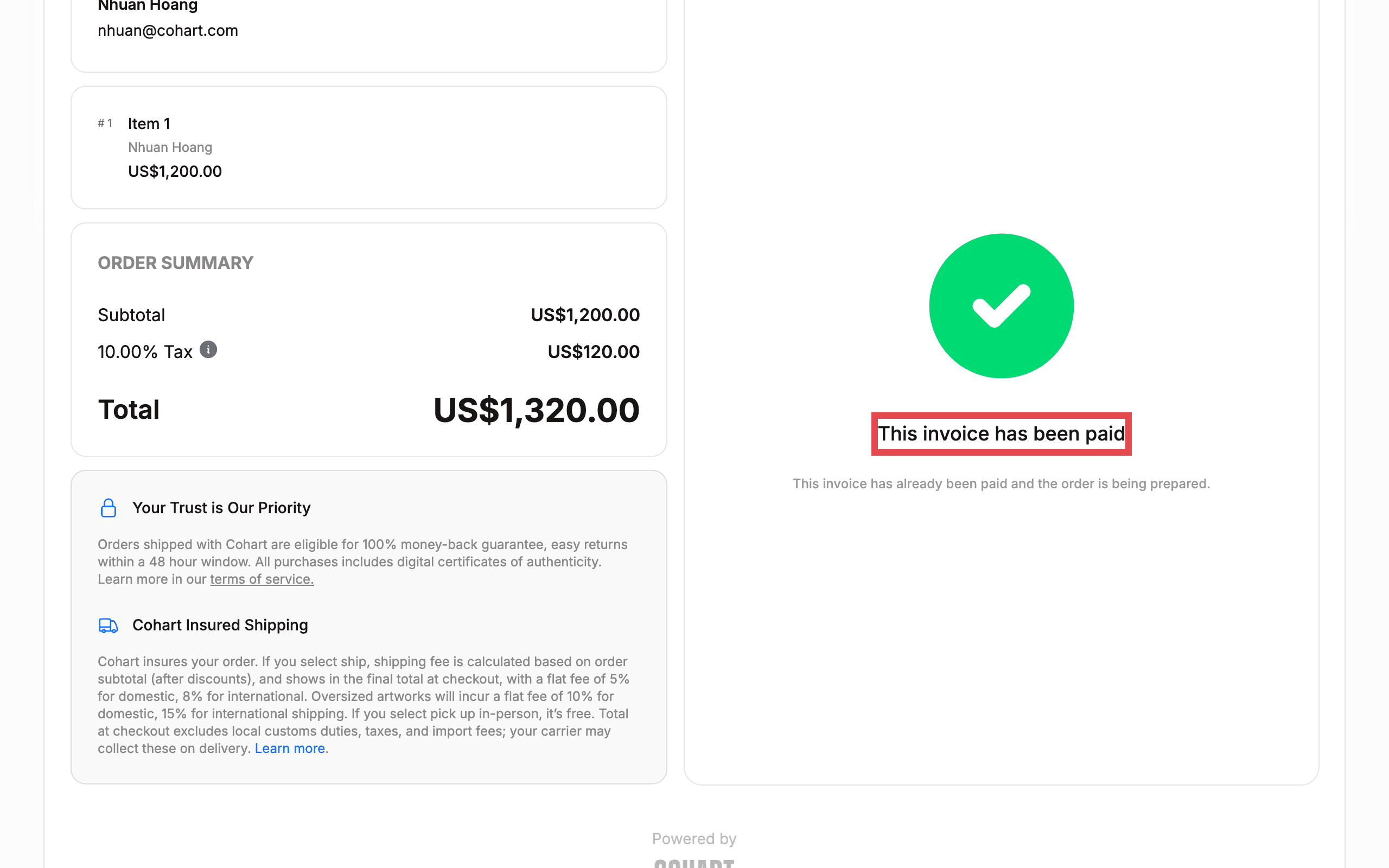 The secure checkout page for a paid invoice, with the PAID banner highlighted