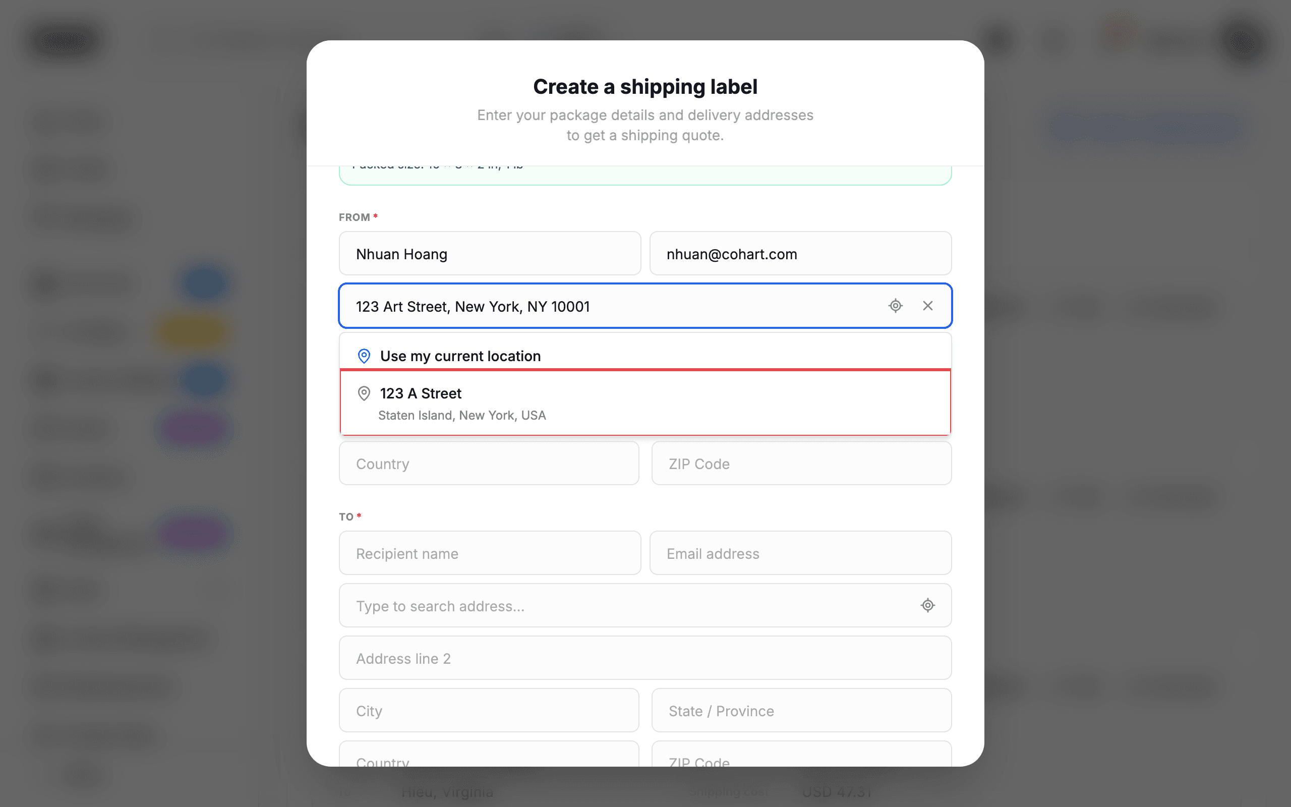 The address search with a suggestion highlighted