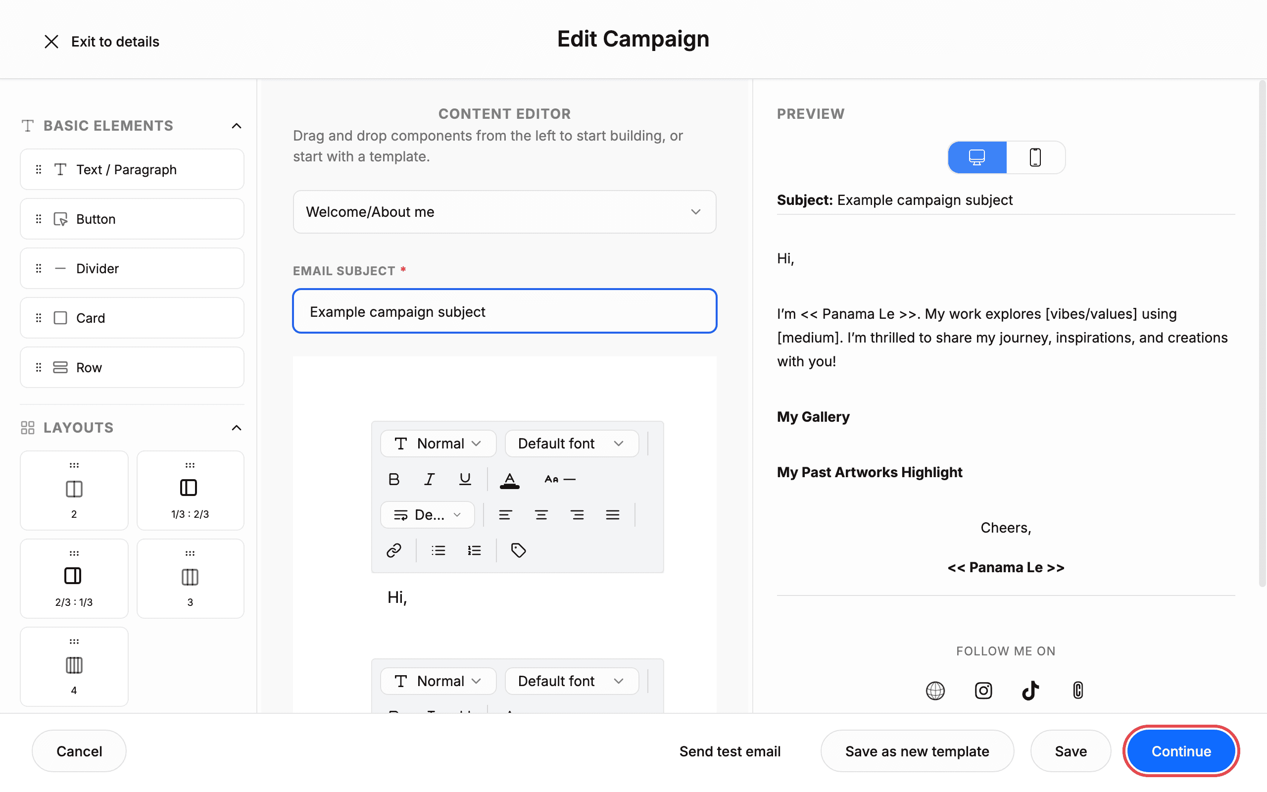 Click Continue to open the SEND CAMPAIGN panel