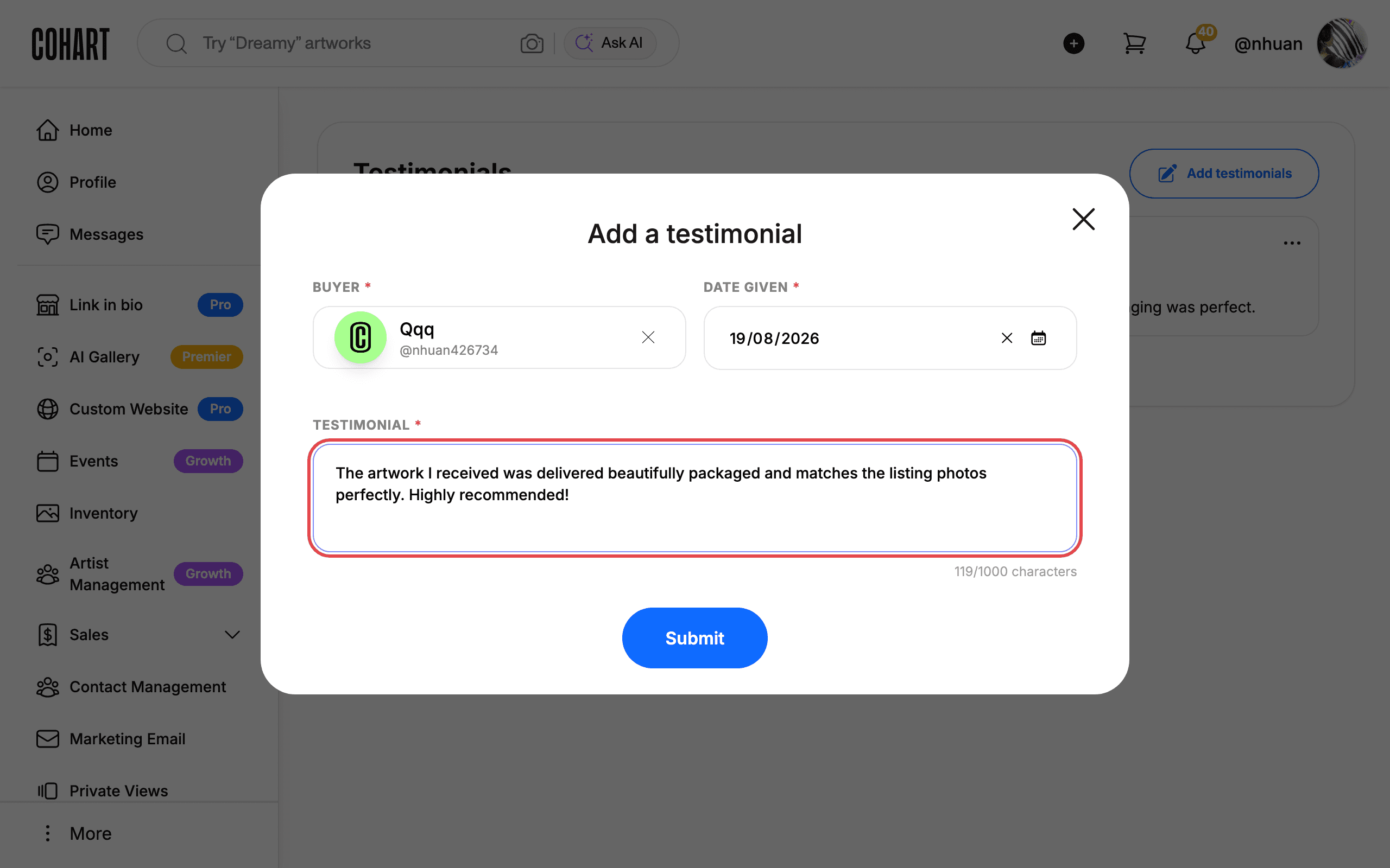 Write the testimonial text