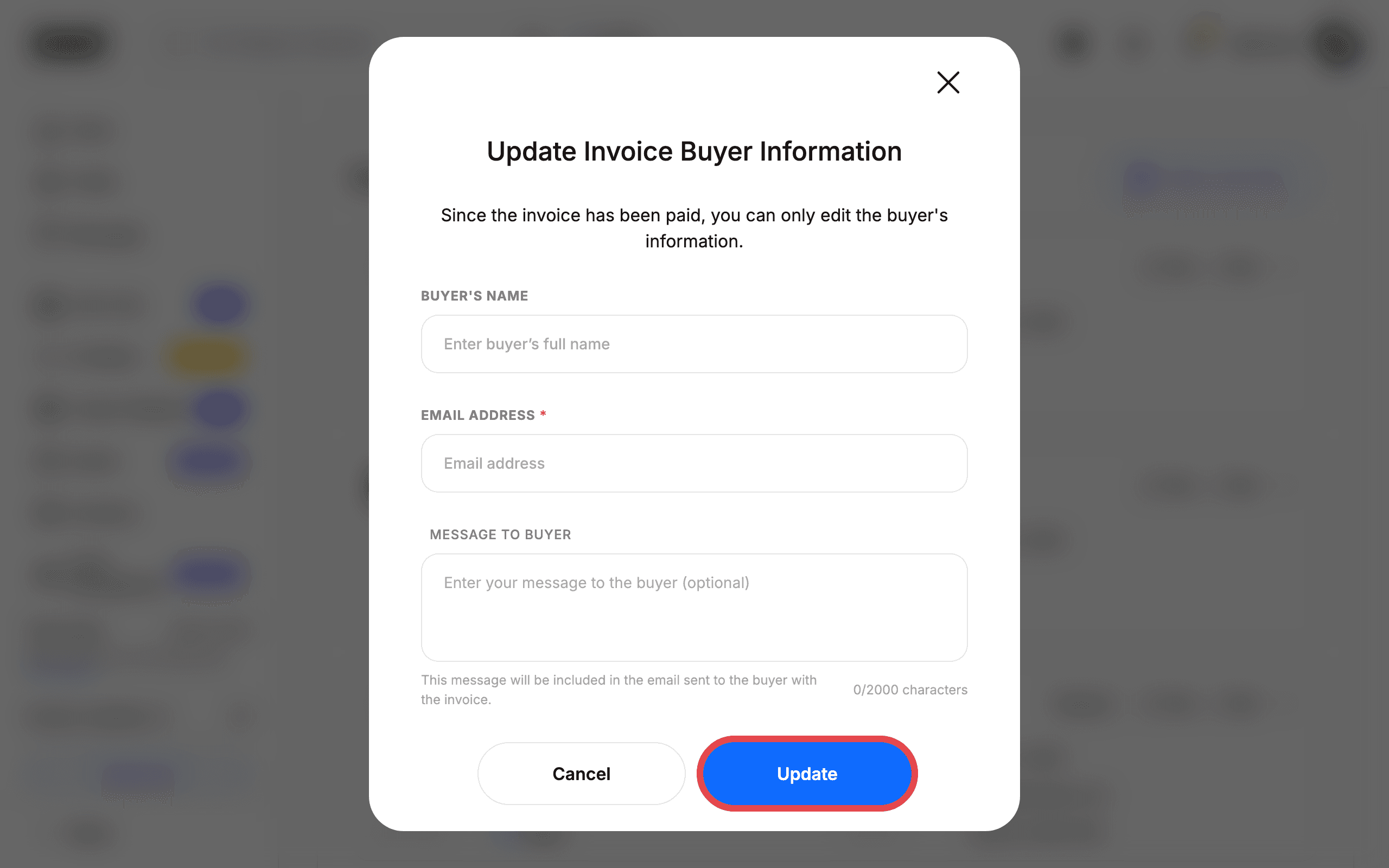 The Update Invoice Buyer Information dialog with the Update button highlighted