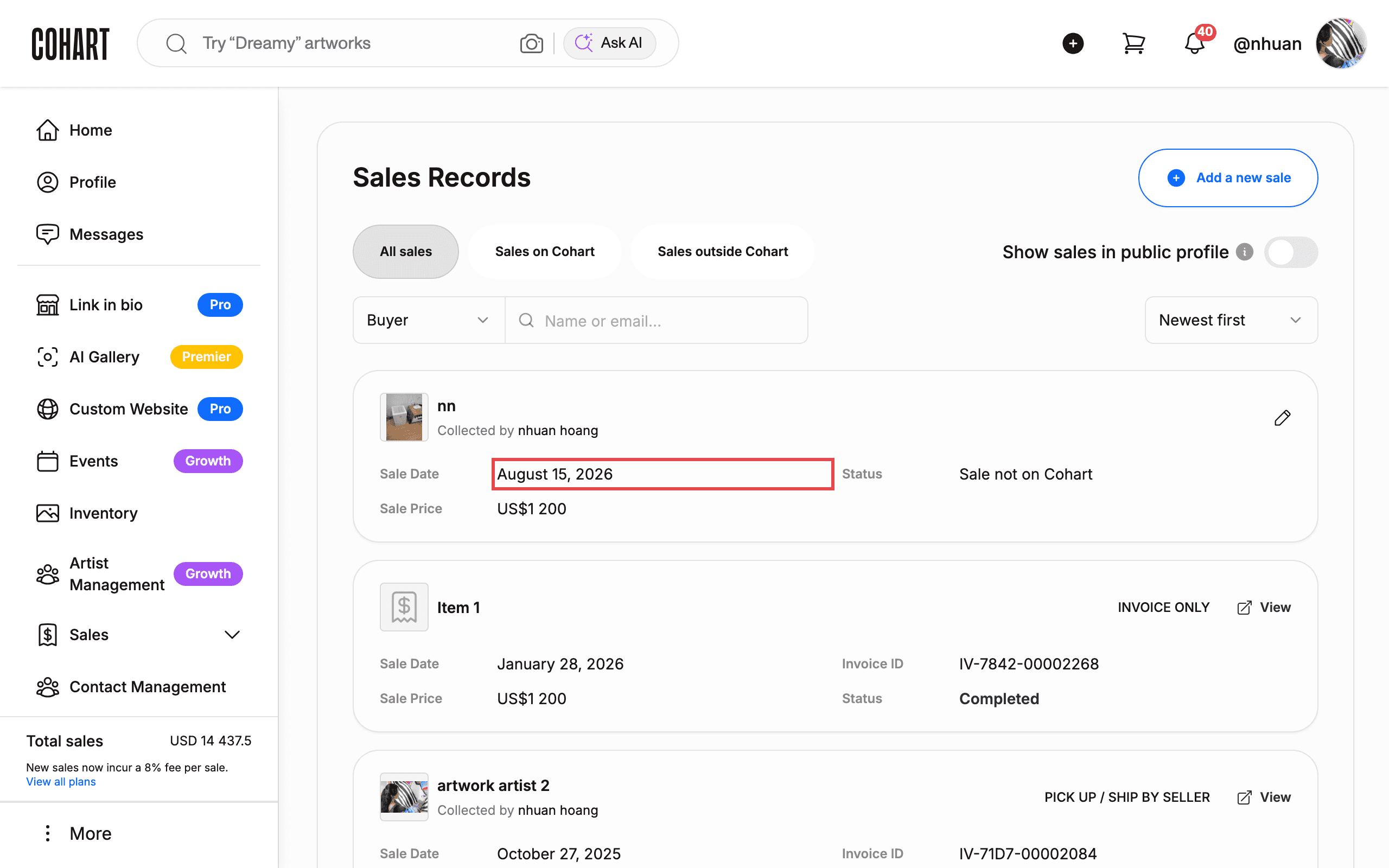 The new sale record appears in the list